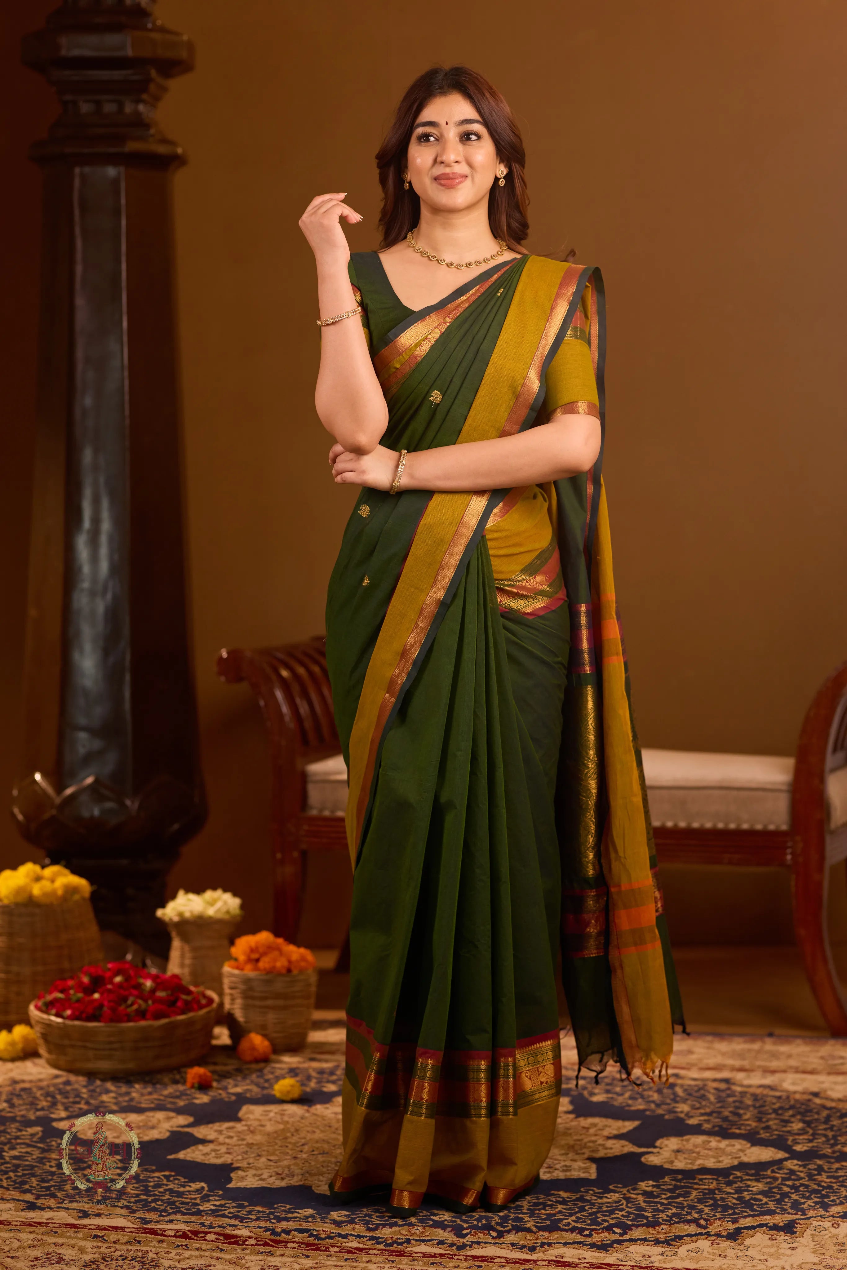 Forest Green Zari Butta With Mustard Rich Pallu