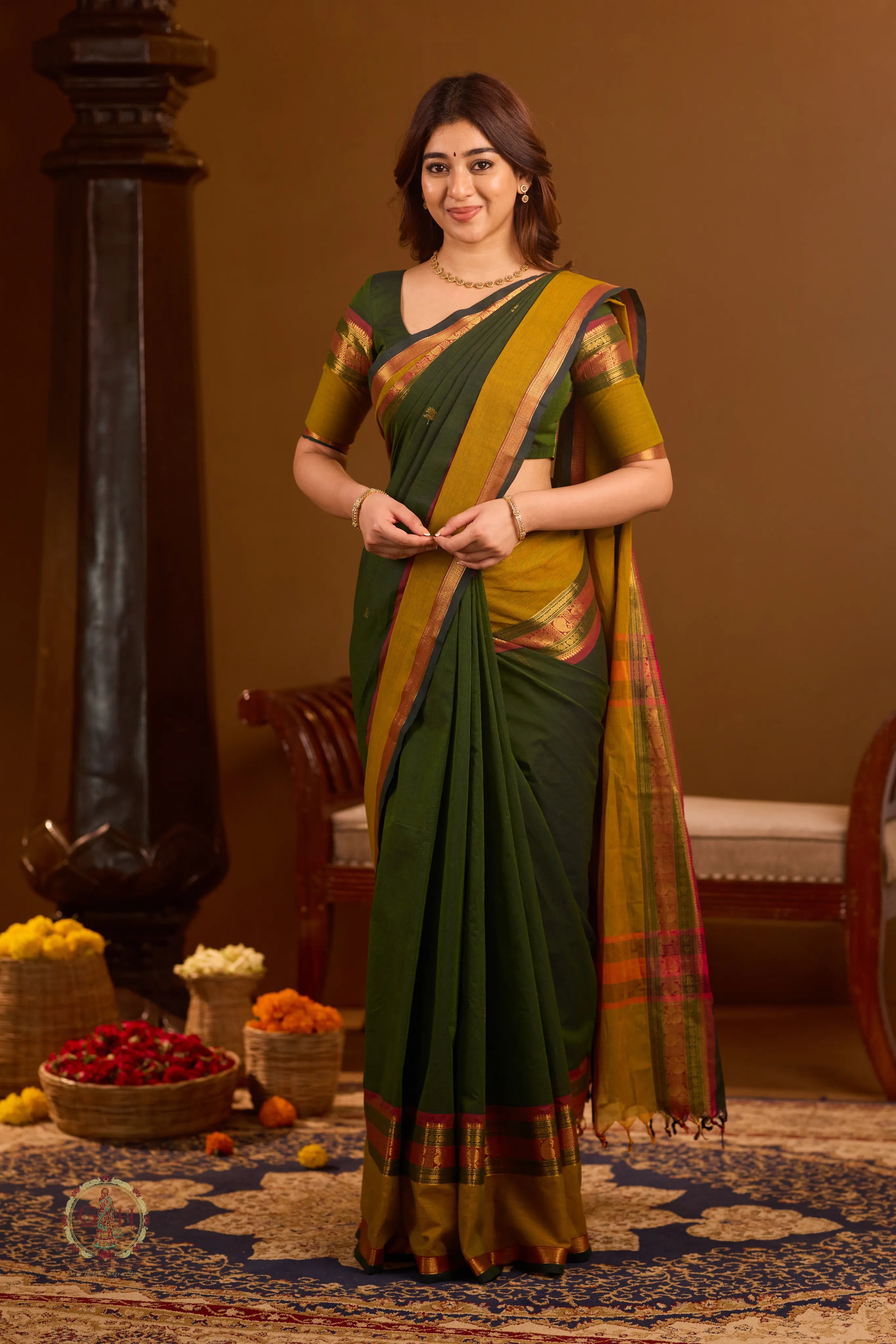 Forest Green Zari Butta With Mustard Rich Pallu