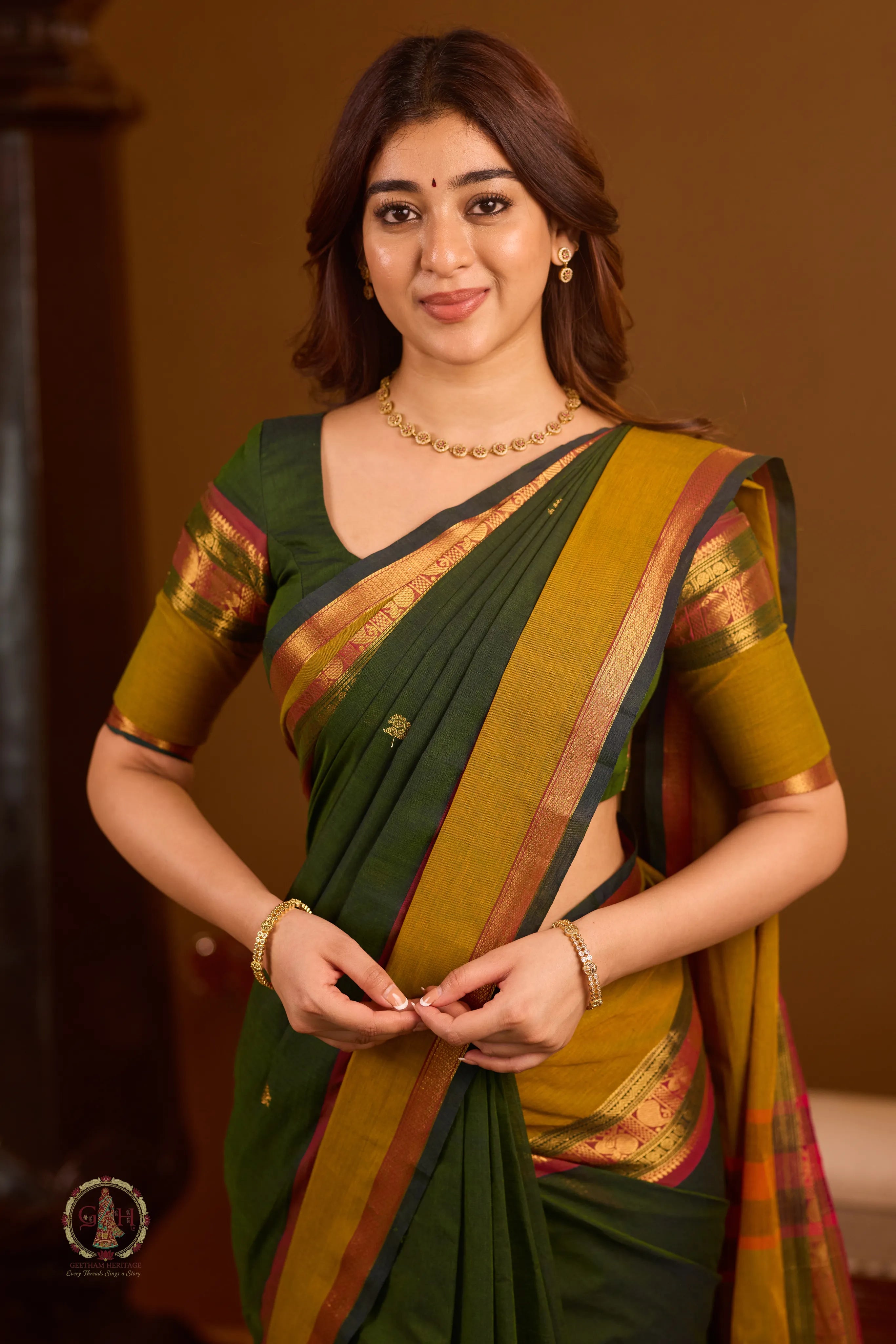 Forest Green Zari Butta With Mustard Rich Pallu