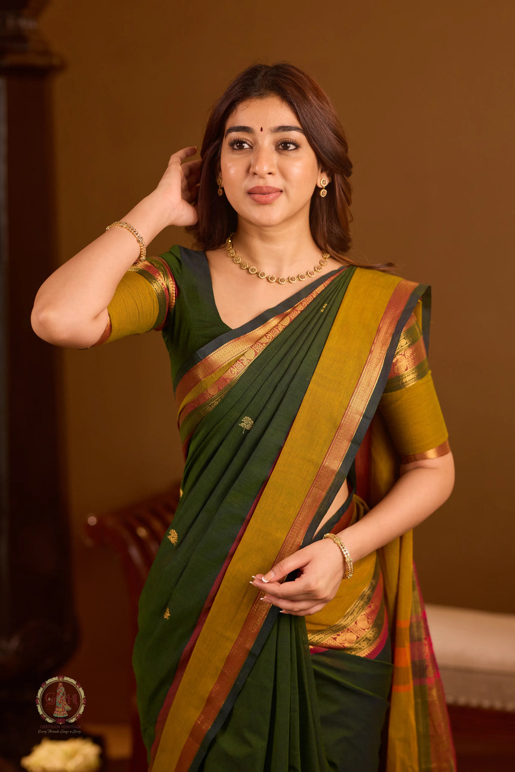 Forest Green Zari Butta With Mustard Rich Pallu