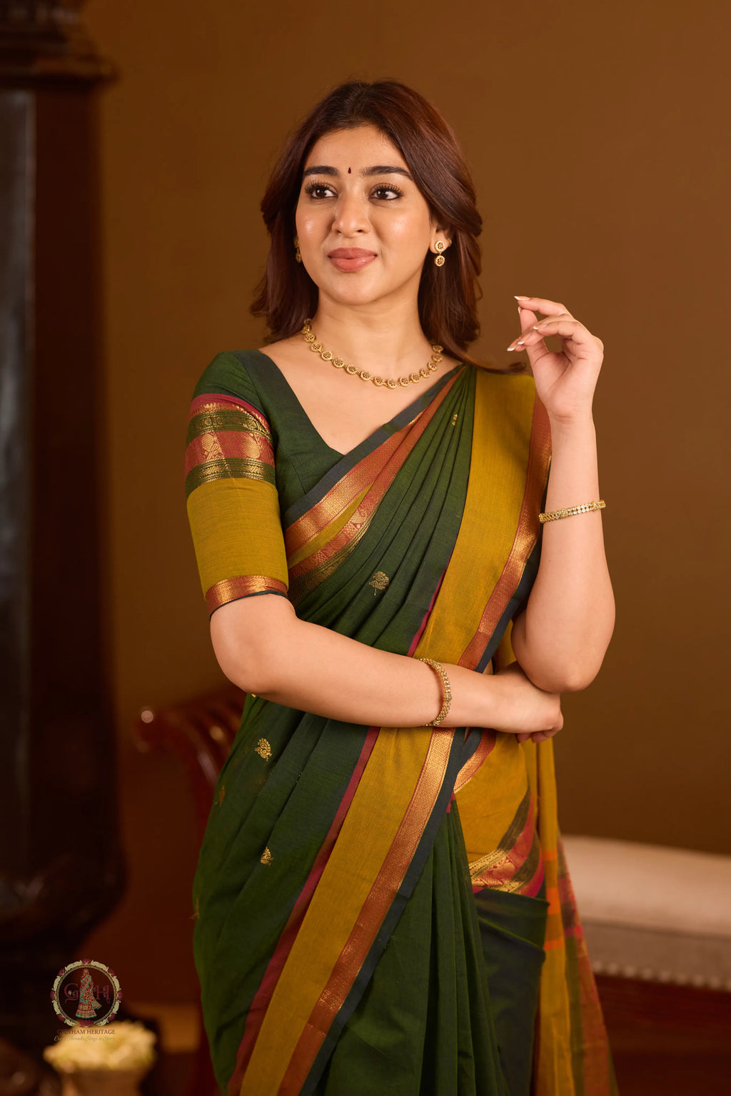 Forest Green Zari Butta With Mustard Rich Pallu