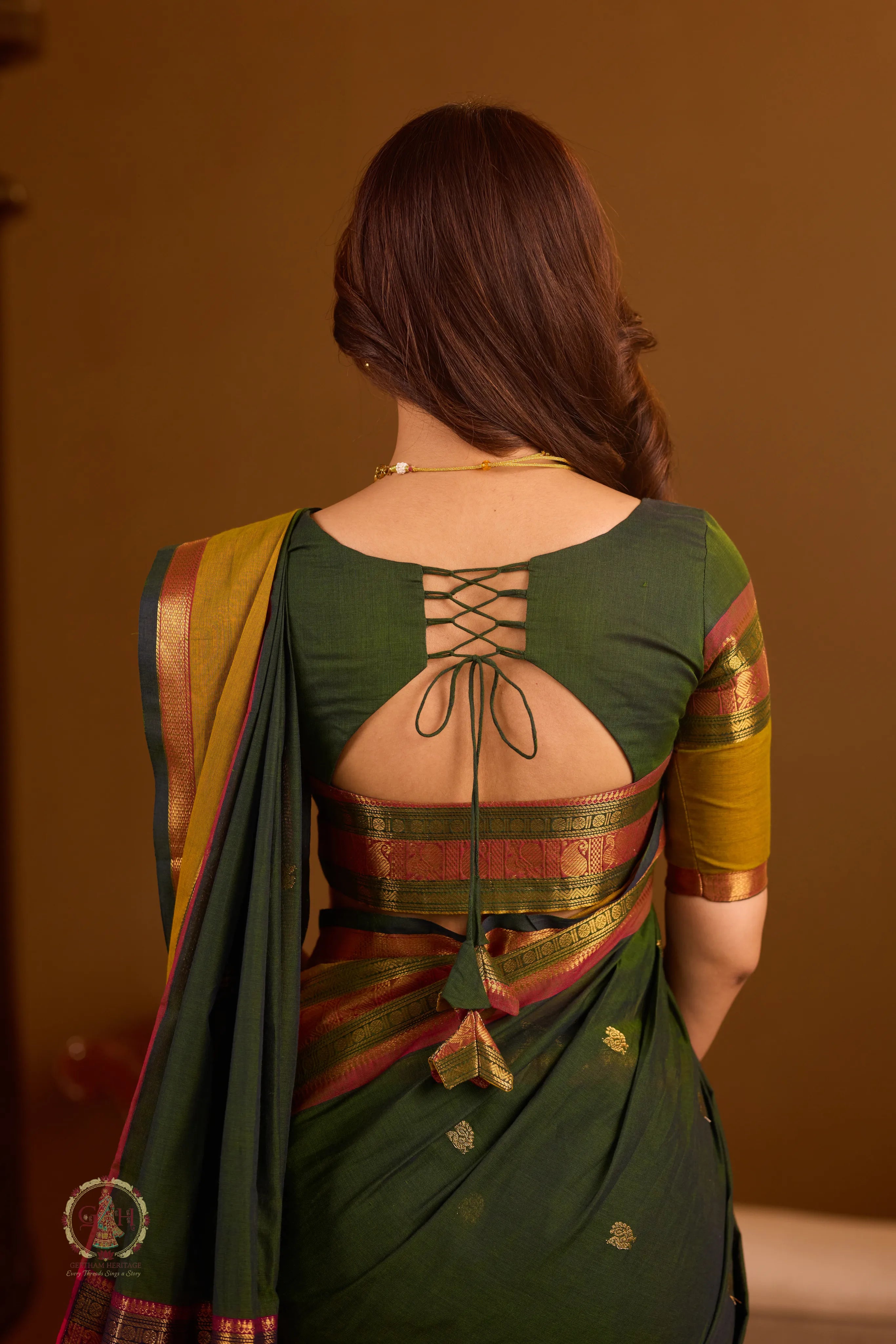 Forest Green Zari Butta With Mustard Rich Pallu