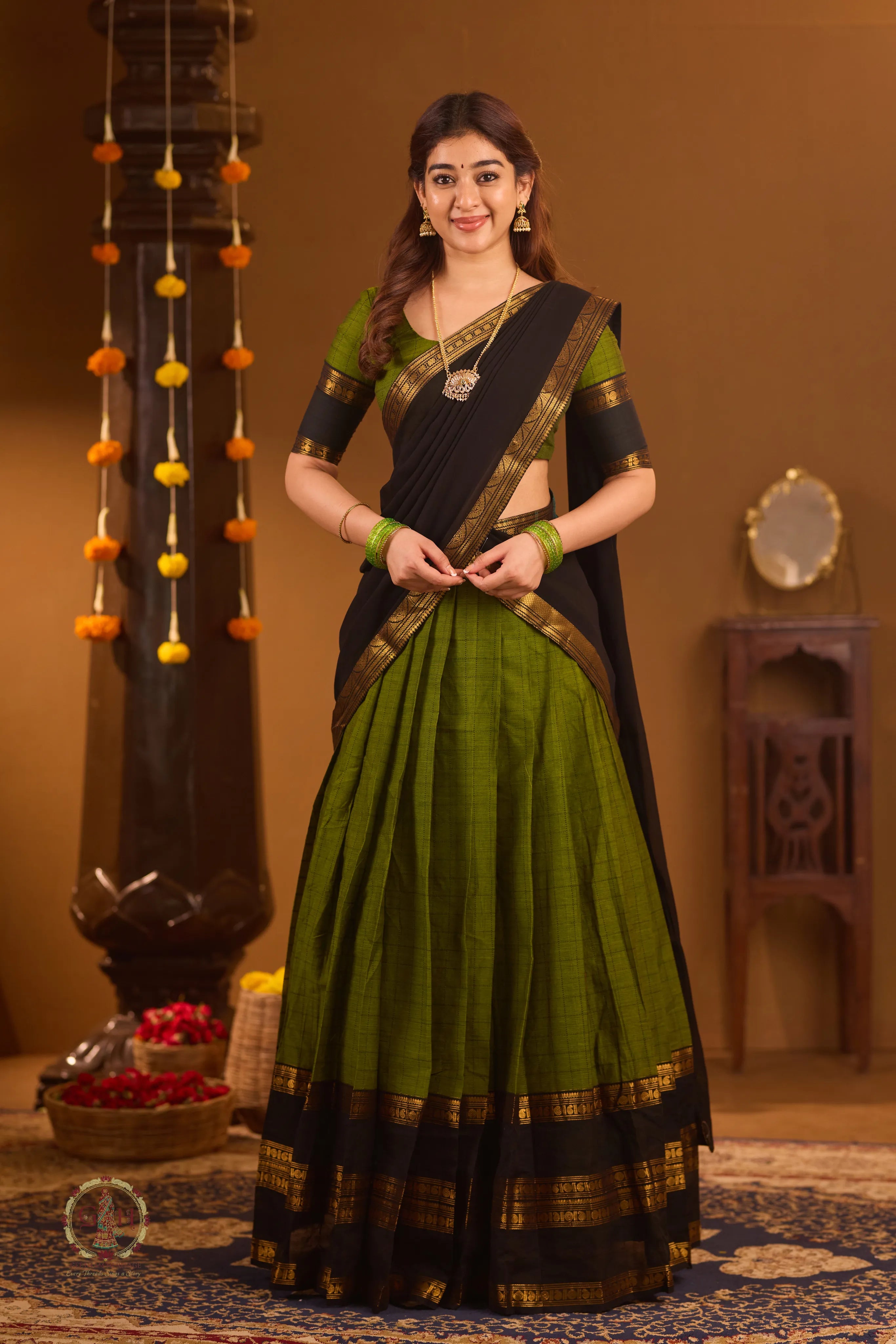 Traditional Olive Green Half Saree with Black Dhavani