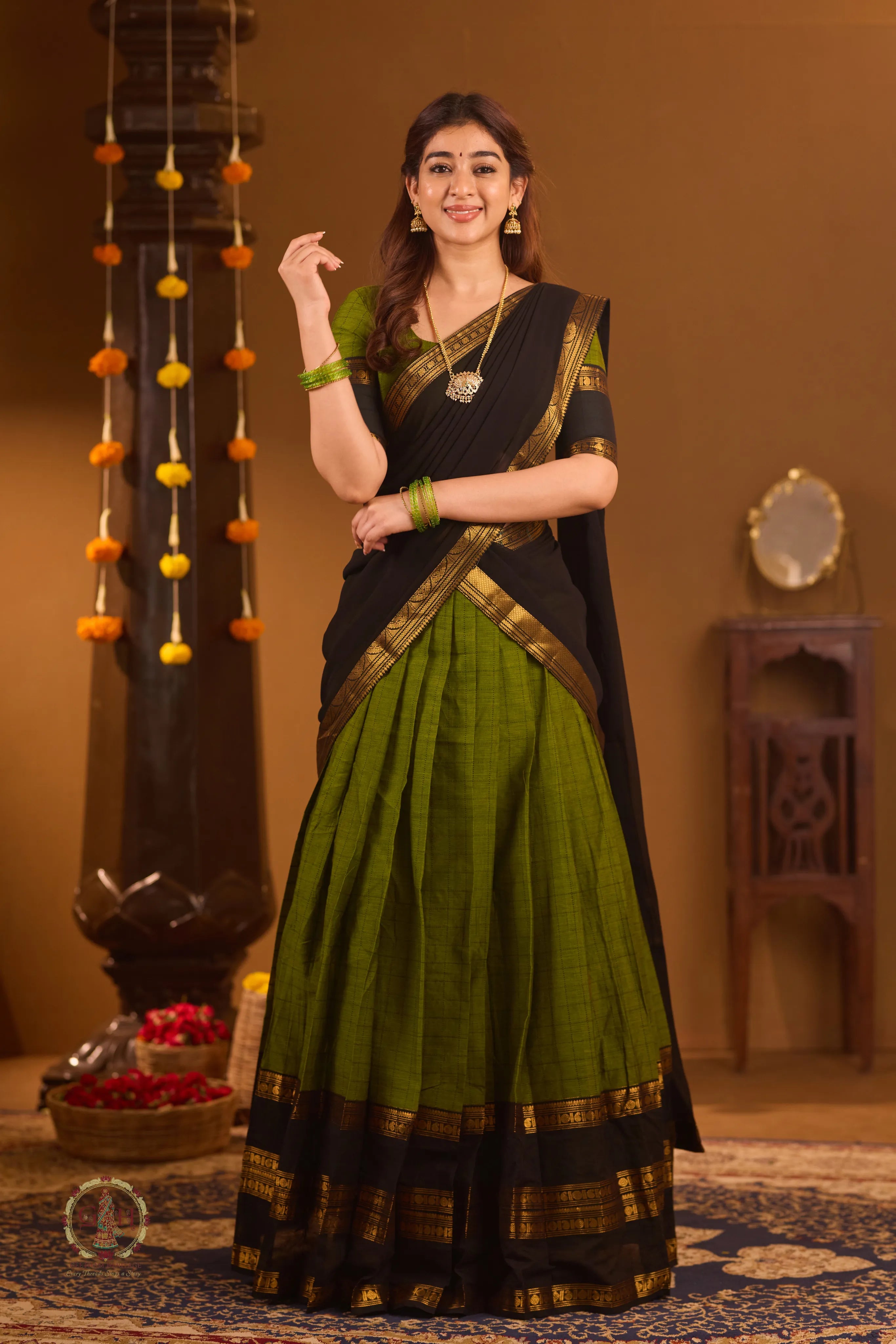 Traditional Olive Green Half Saree with Black Dhavani