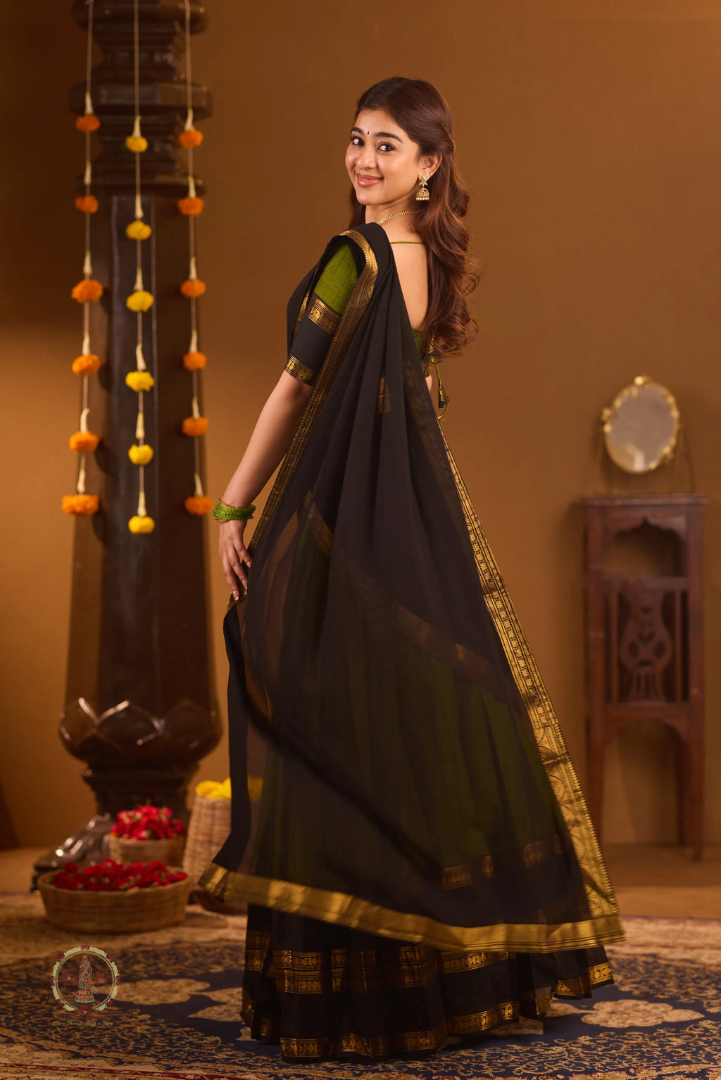 Traditional Olive Green Half Saree with Black Dhavani