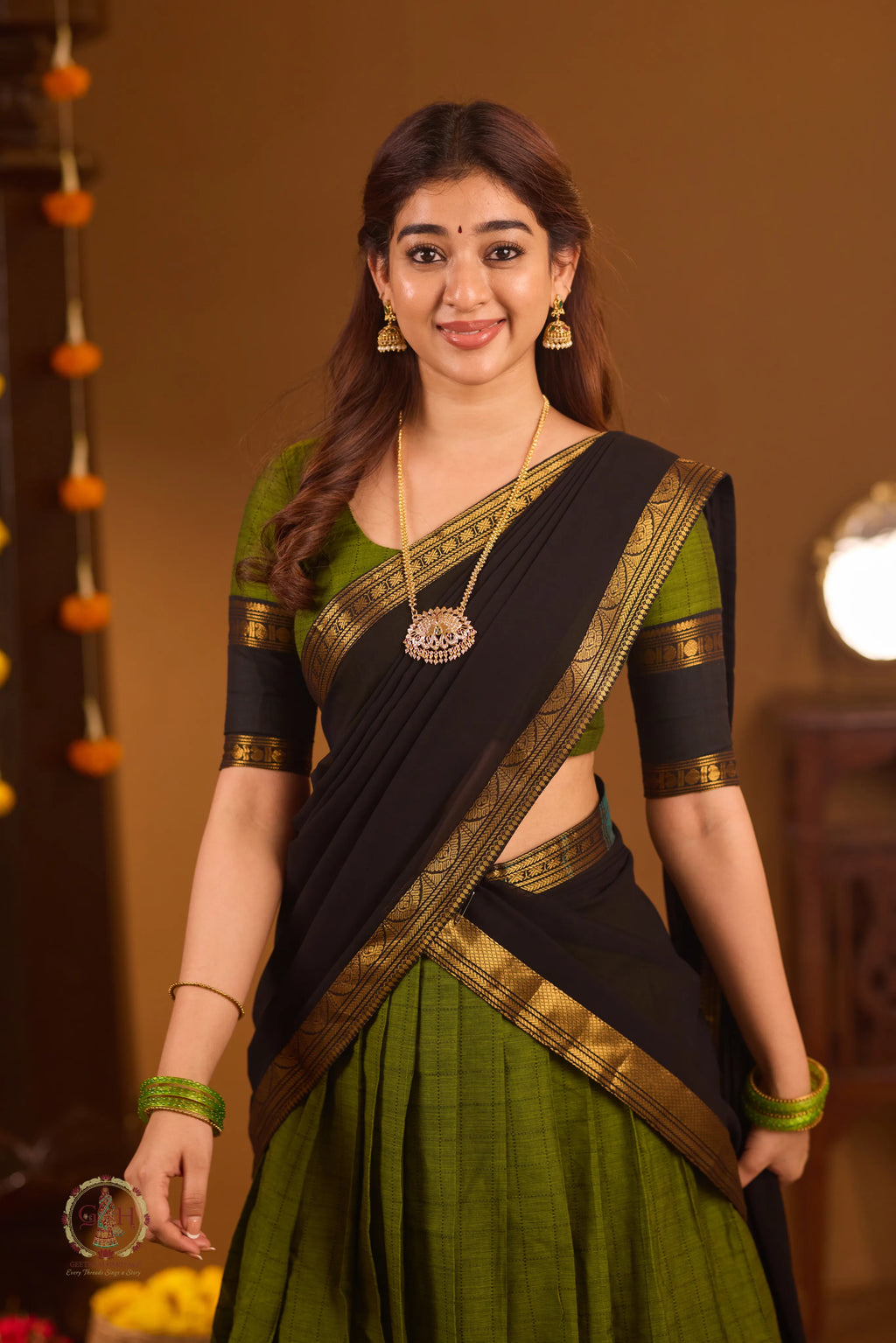 Traditional Olive Green Half Saree with Black Dhavani