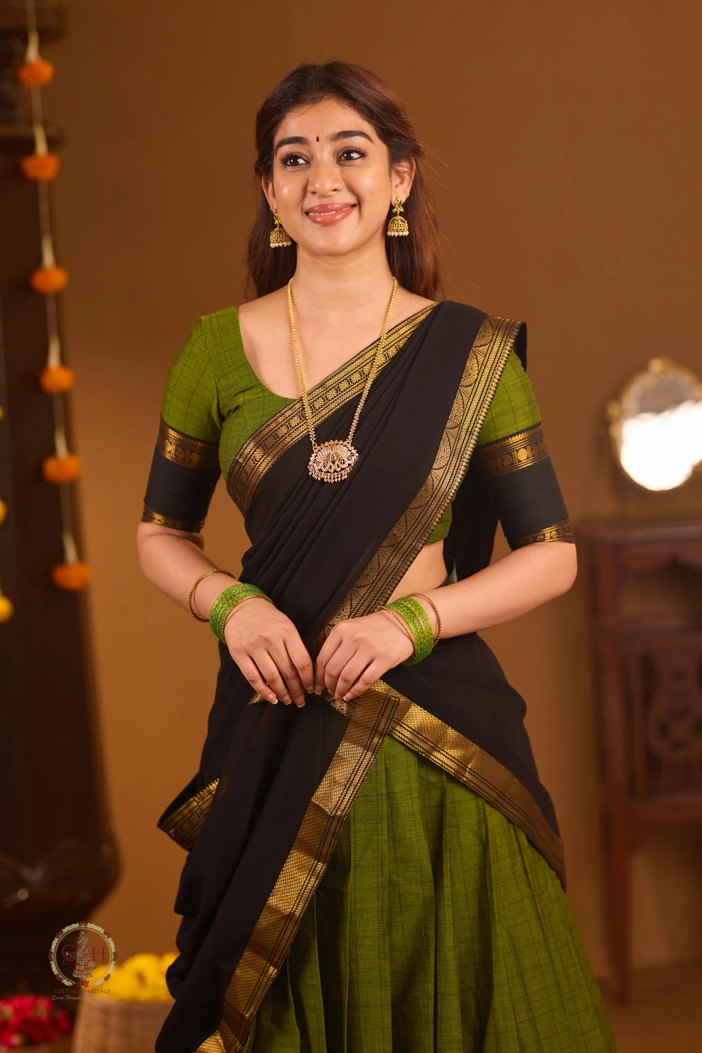 Traditional Olive Green Half Saree with Black Dhavani