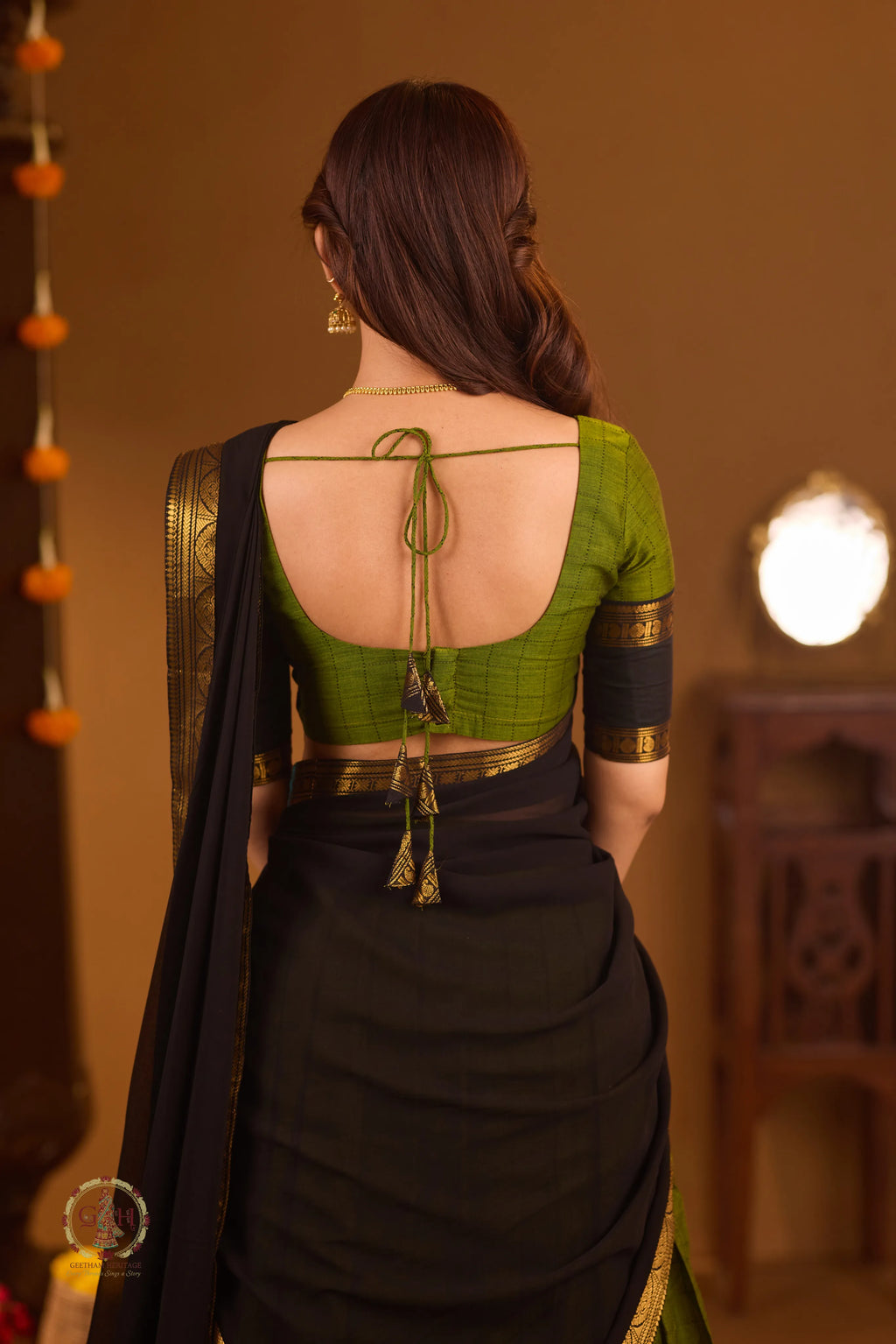 Traditional Olive Green Half Saree with Black Dhavani