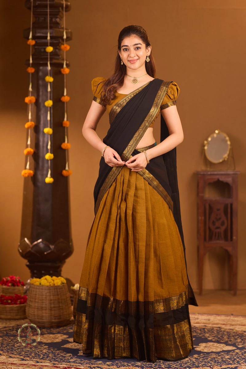 Traditional Mustard Gold Half Saree with Black Dhavani