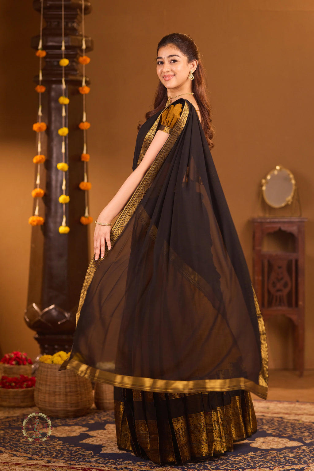 Traditional Mustard Gold Half Saree with Black Dhavani