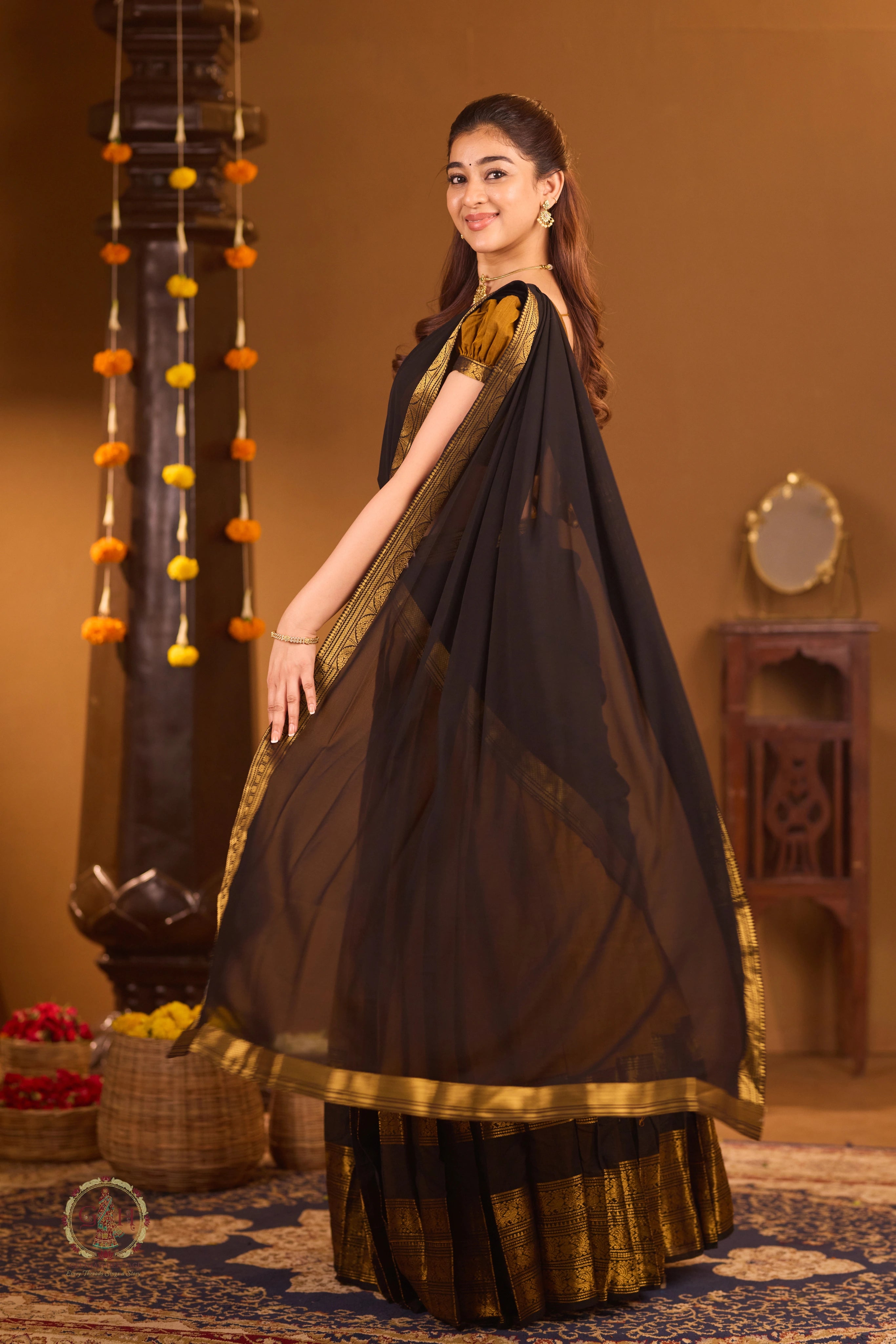 Traditional Mustard Gold Half Saree with Black Dhavani