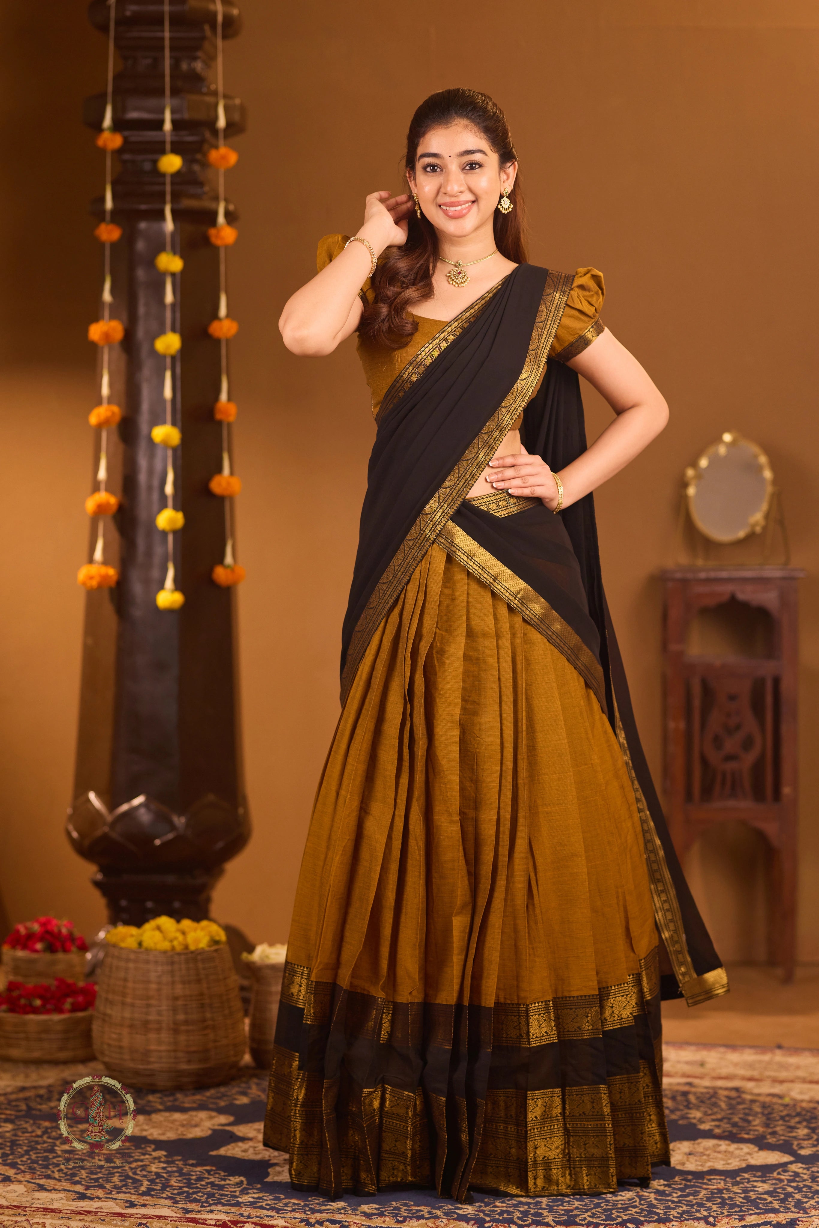 Traditional Mustard Gold Half Saree with Black Dhavani