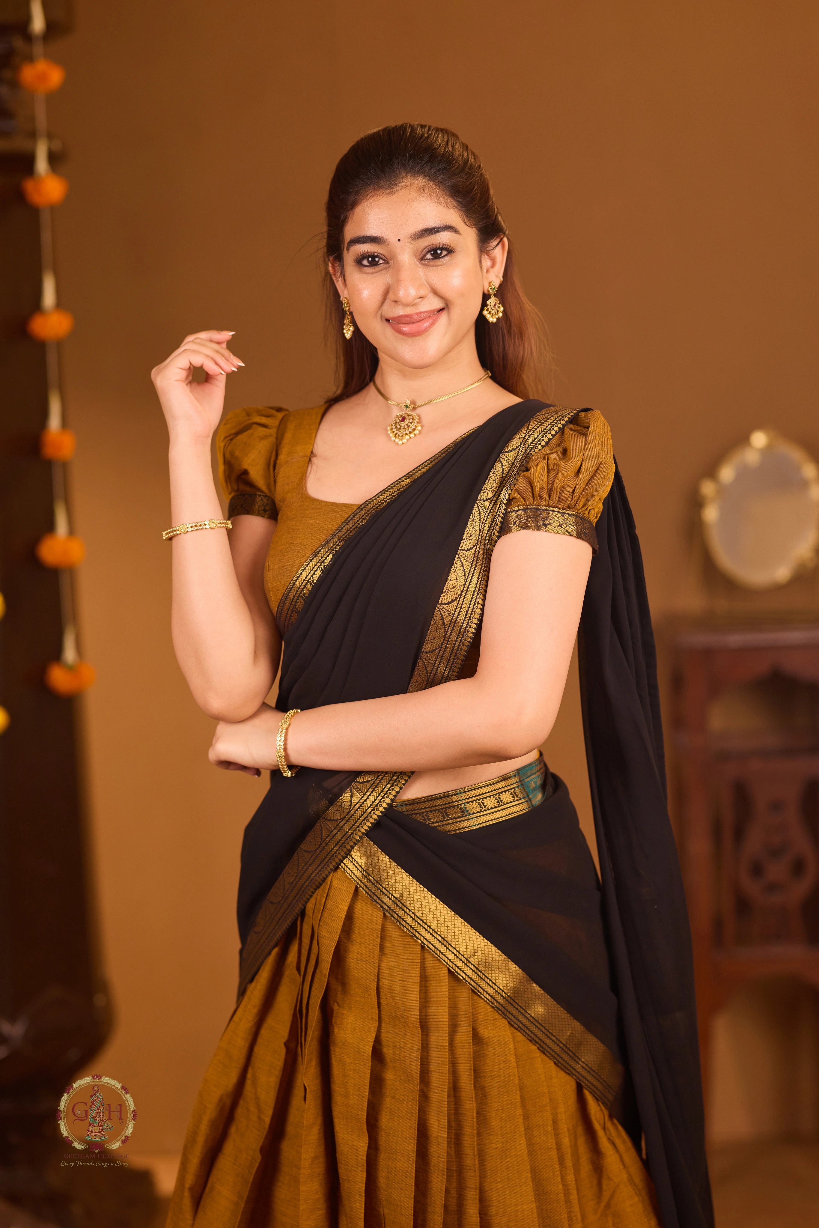 Traditional Mustard Gold Half Saree with Black Dhavani