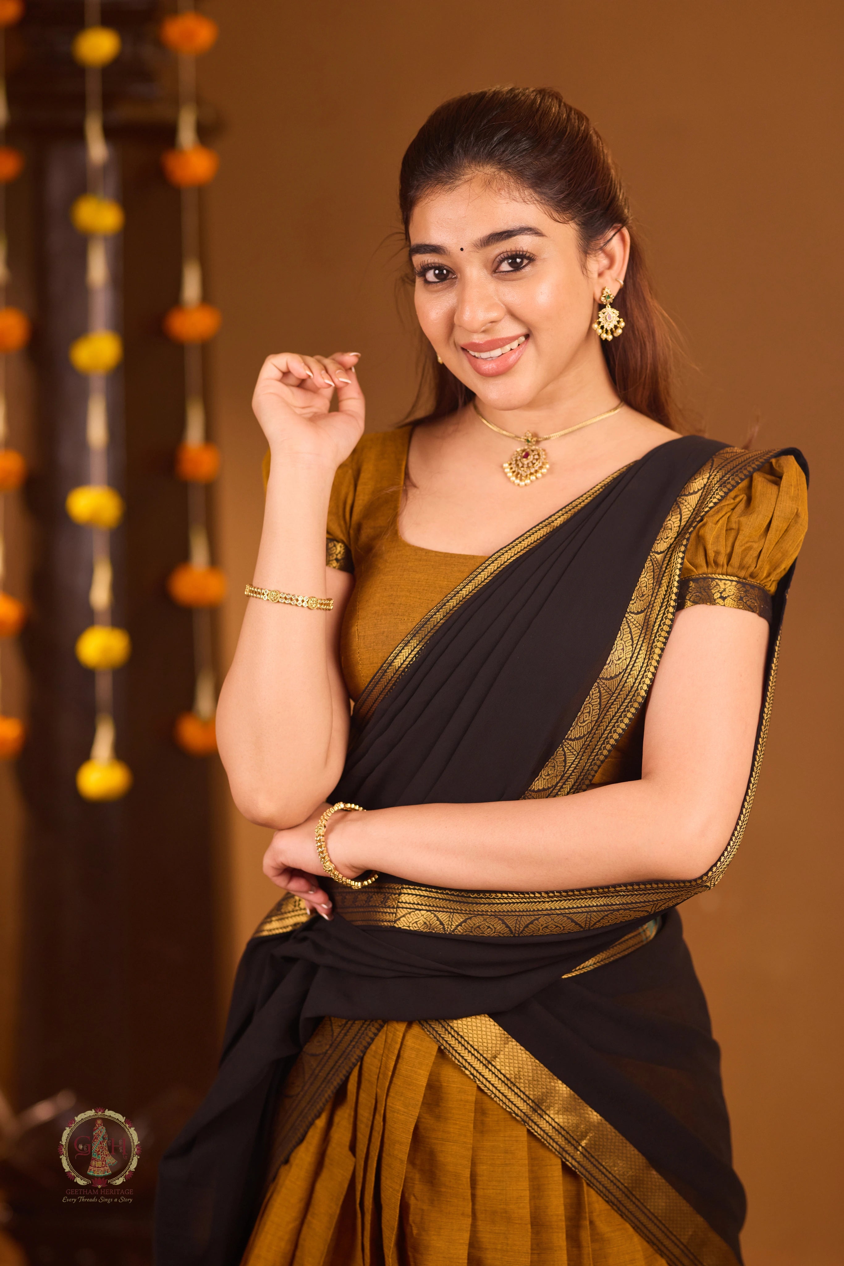Traditional Mustard Gold Half Saree with Black Dhavani