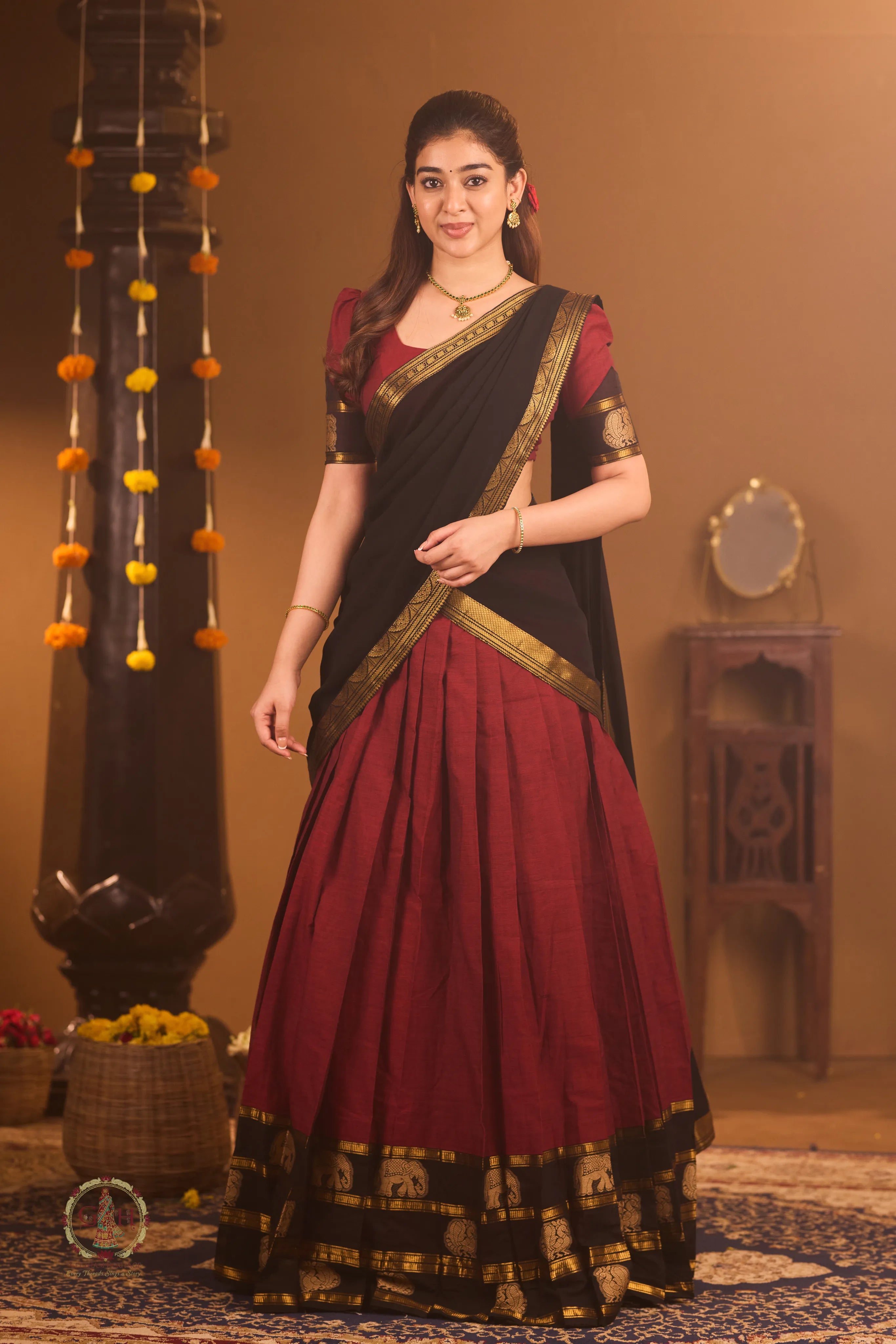 Traditional Berry Pink Half Saree with Black Dhavani