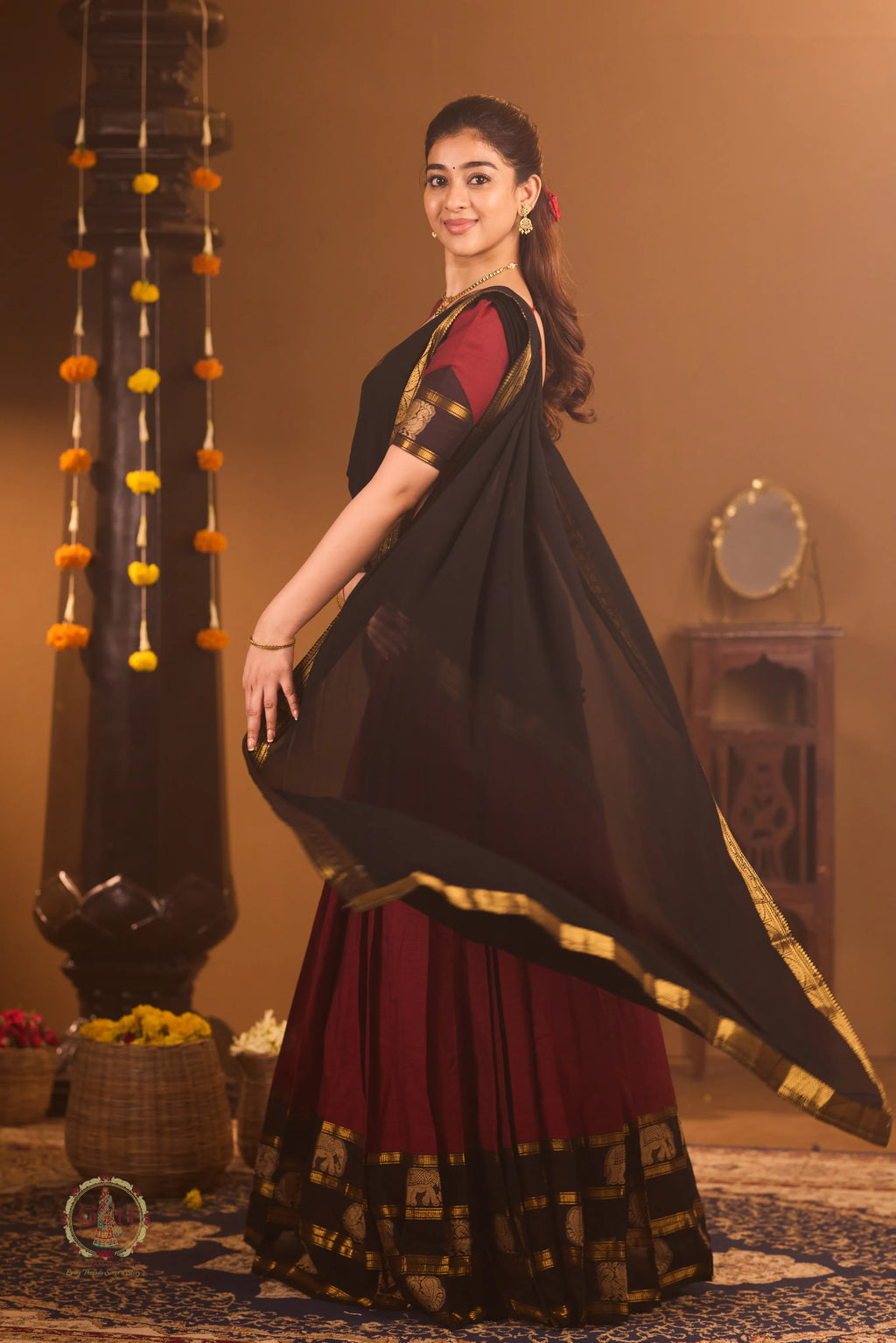 Traditional Berry Pink Half Saree with Black Dhavani