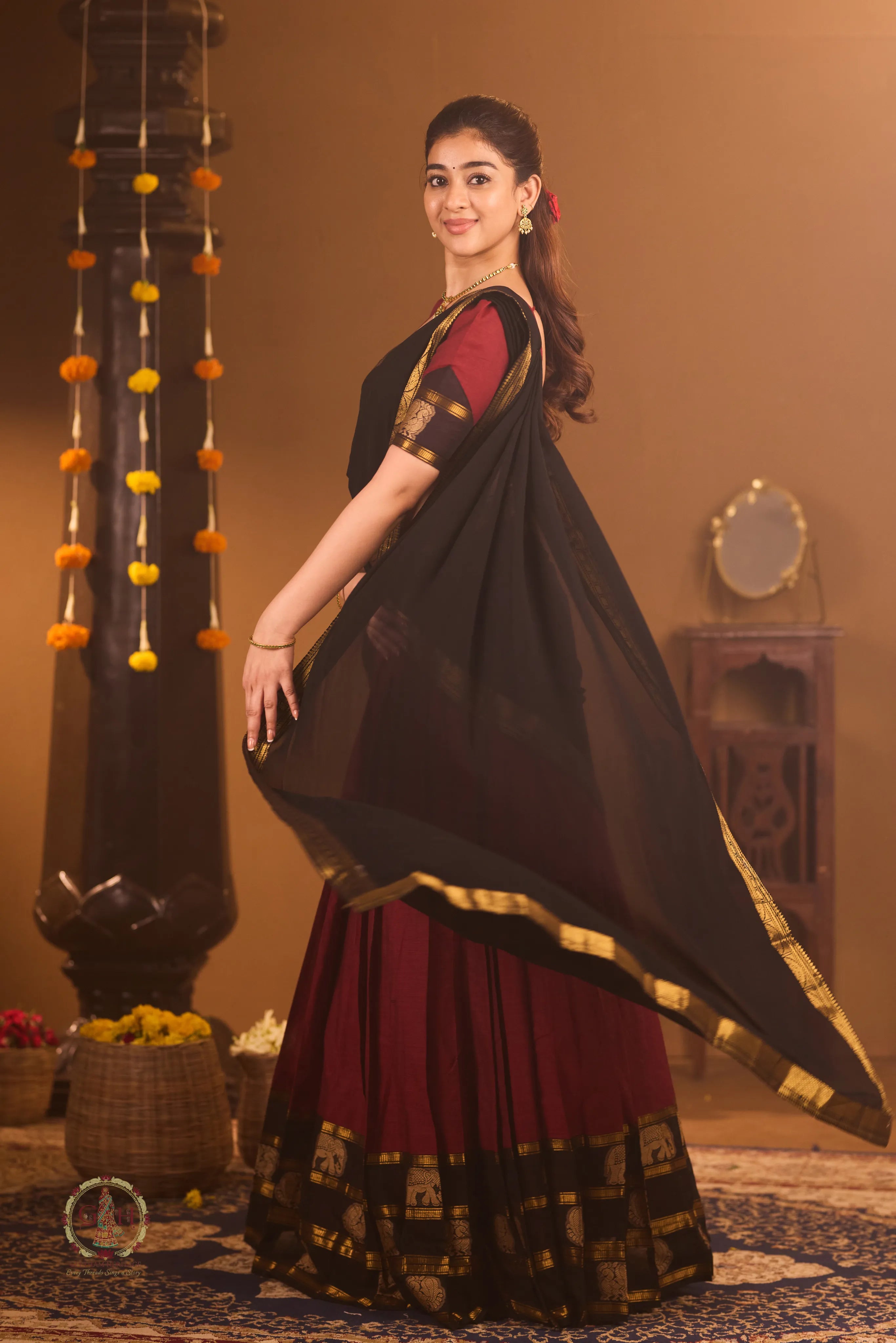Traditional Berry Pink Half Saree with Black Dhavani