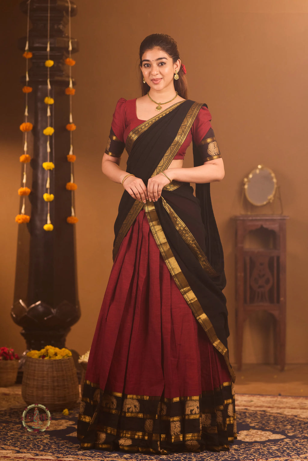 Traditional Berry Pink Half Saree with Black Dhavani