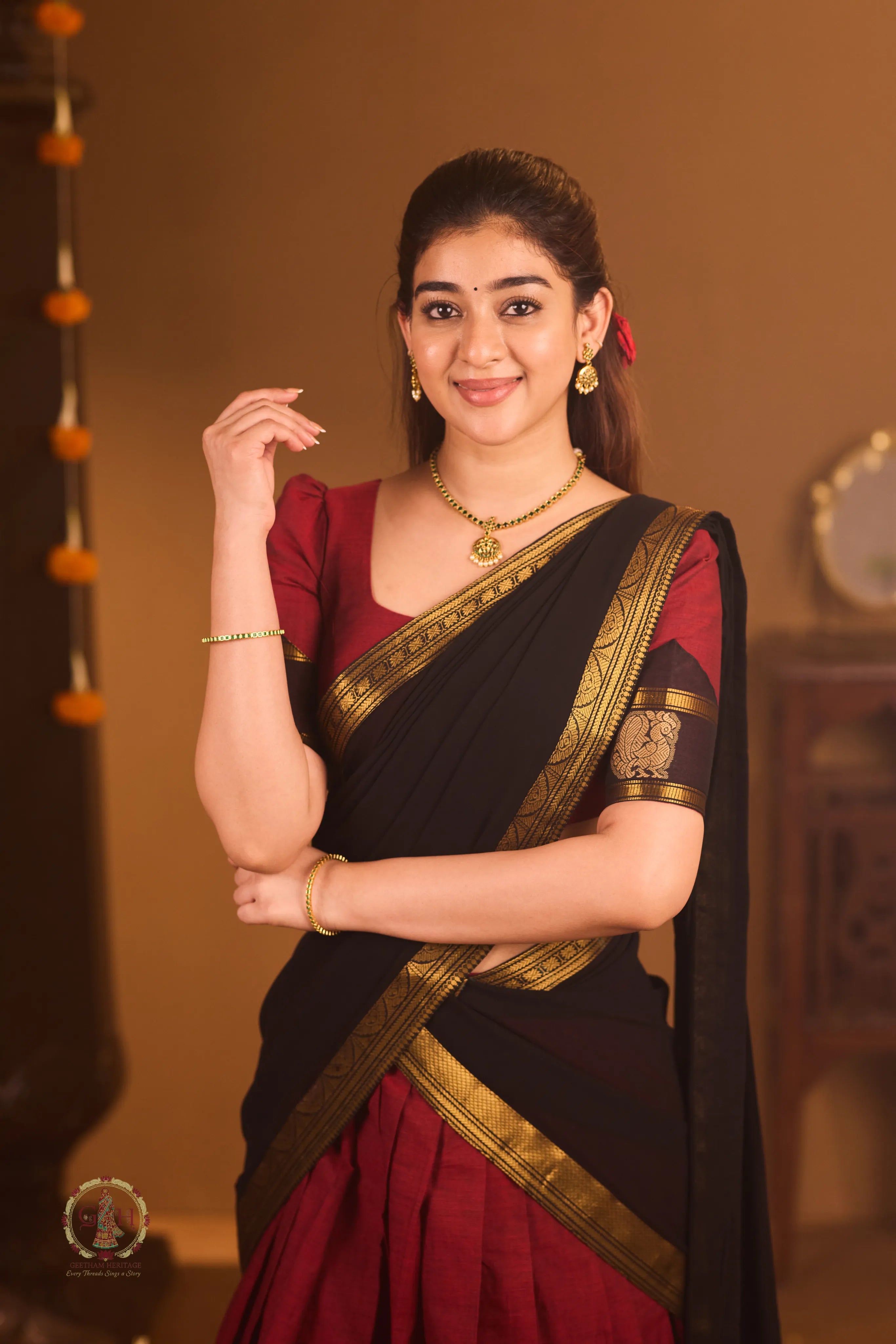 Traditional Berry Pink Half Saree with Black Dhavani