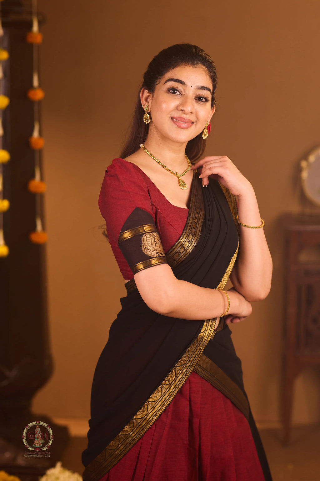 Traditional Berry Pink Half Saree with Black Dhavani