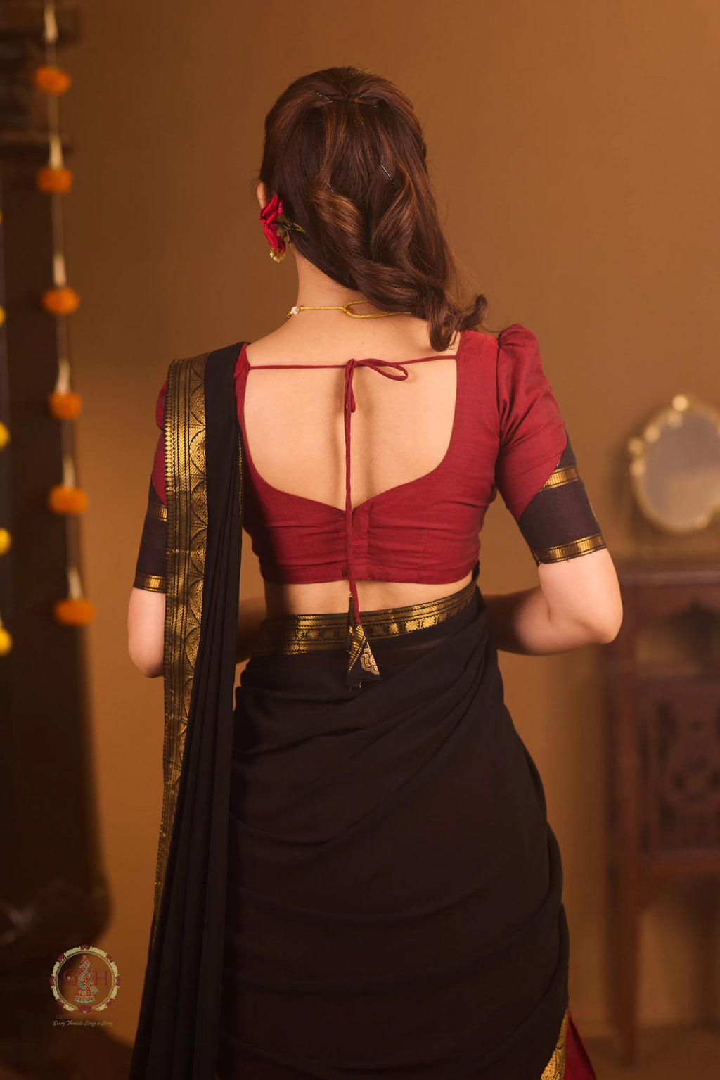 Traditional Berry Pink Half Saree with Black Dhavani