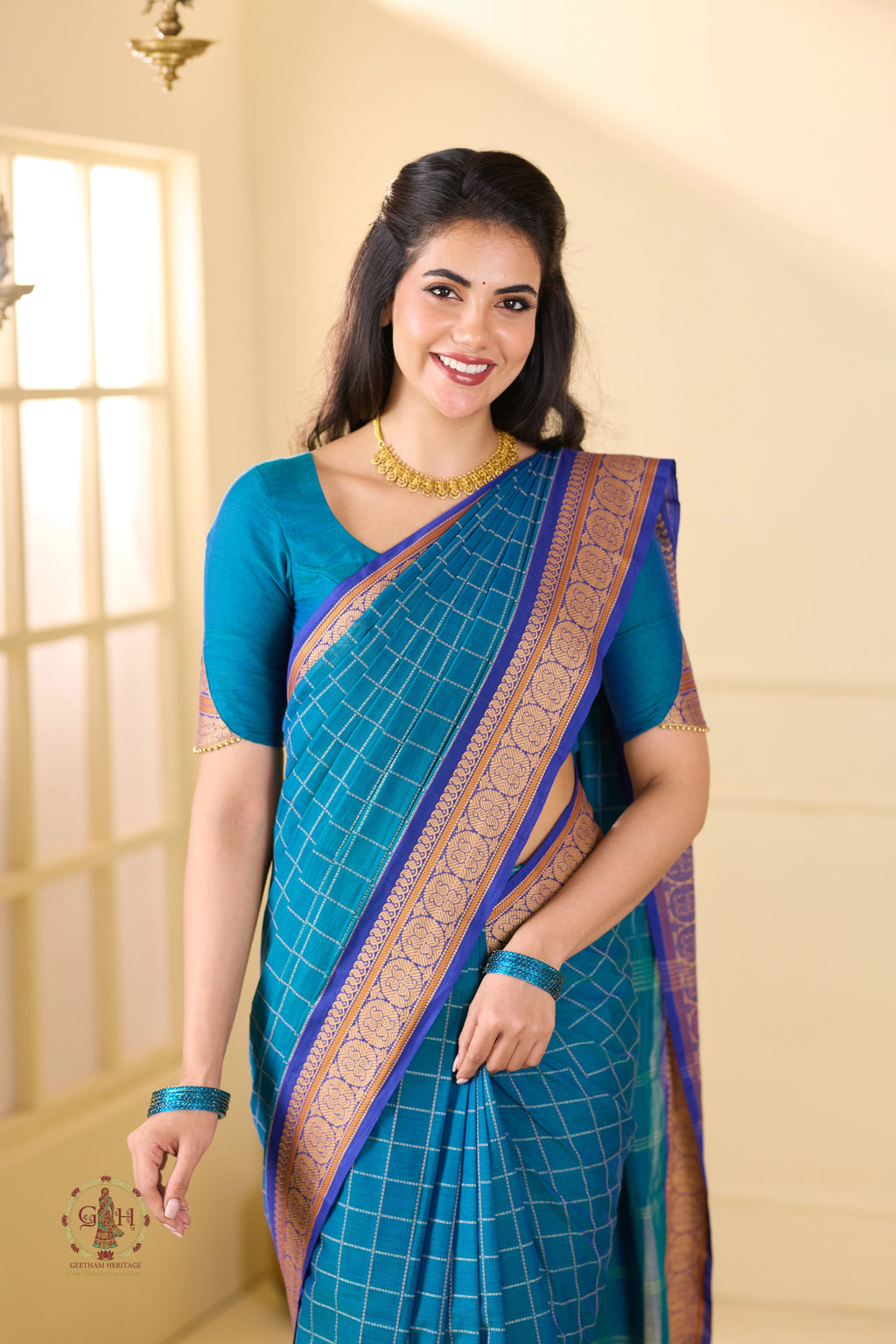 Teal Heritage Checks with Thread Border Kanchi Cotton