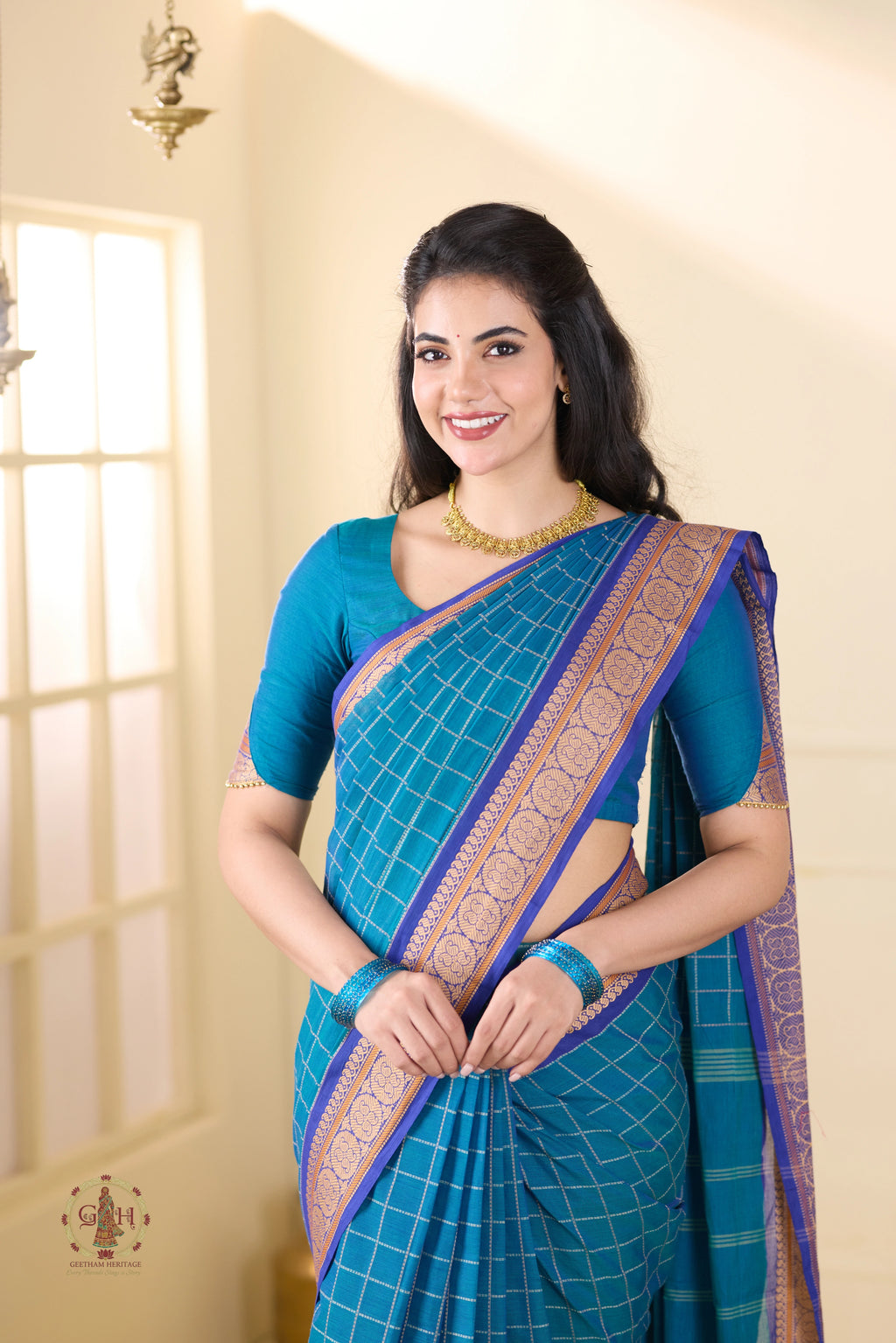 Teal Heritage Checks with Thread Border Kanchi Cotton