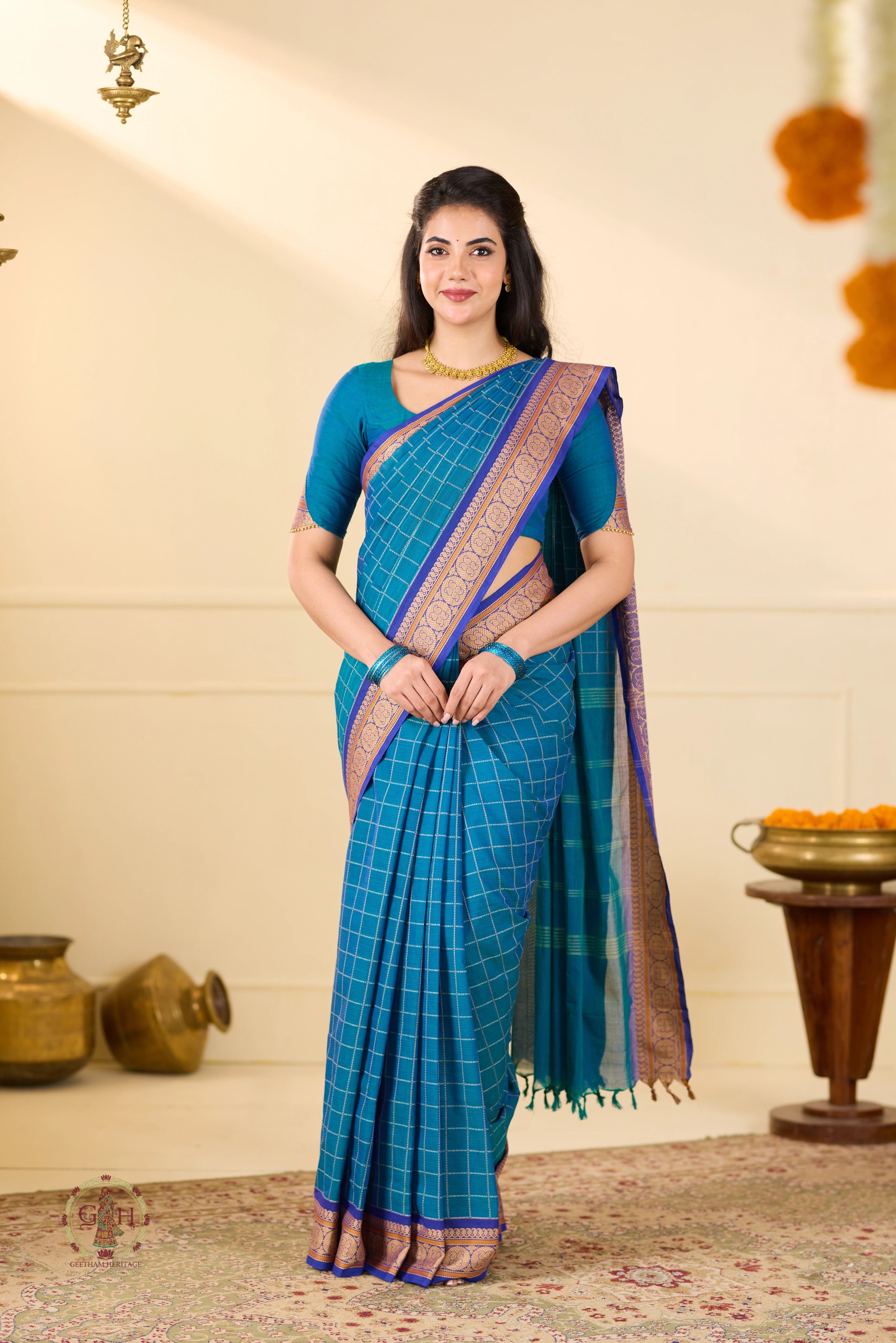 Teal Heritage Checks with Thread Border Kanchi Cotton