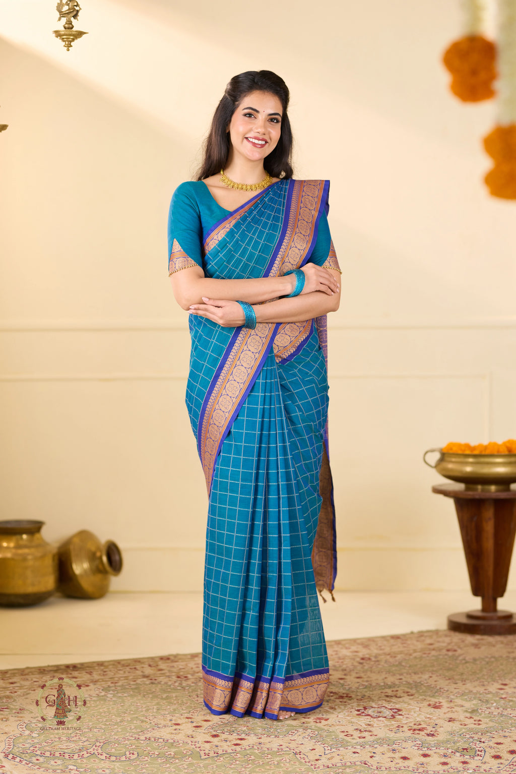 Teal Heritage Checks with Thread Border Kanchi Cotton
