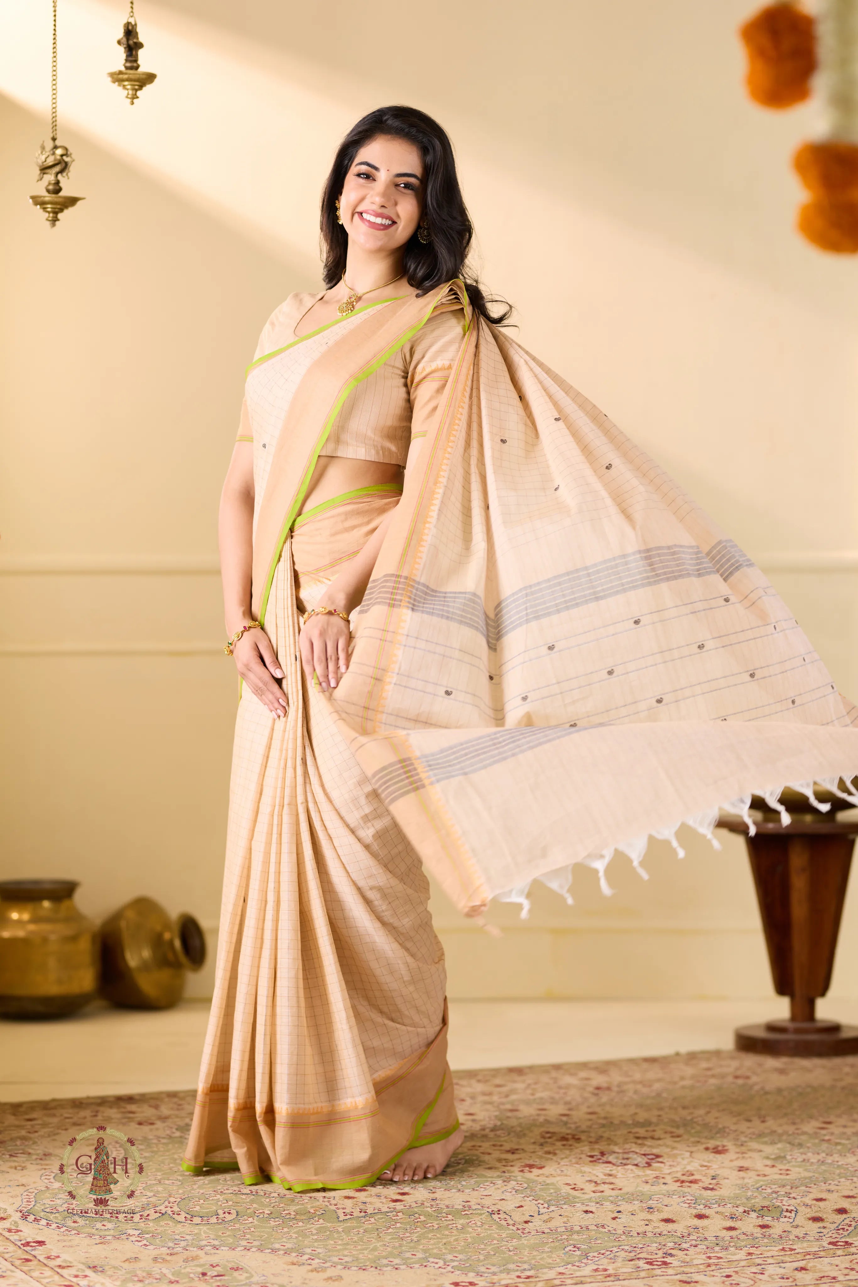 Half White Checked Kanchi Cotton