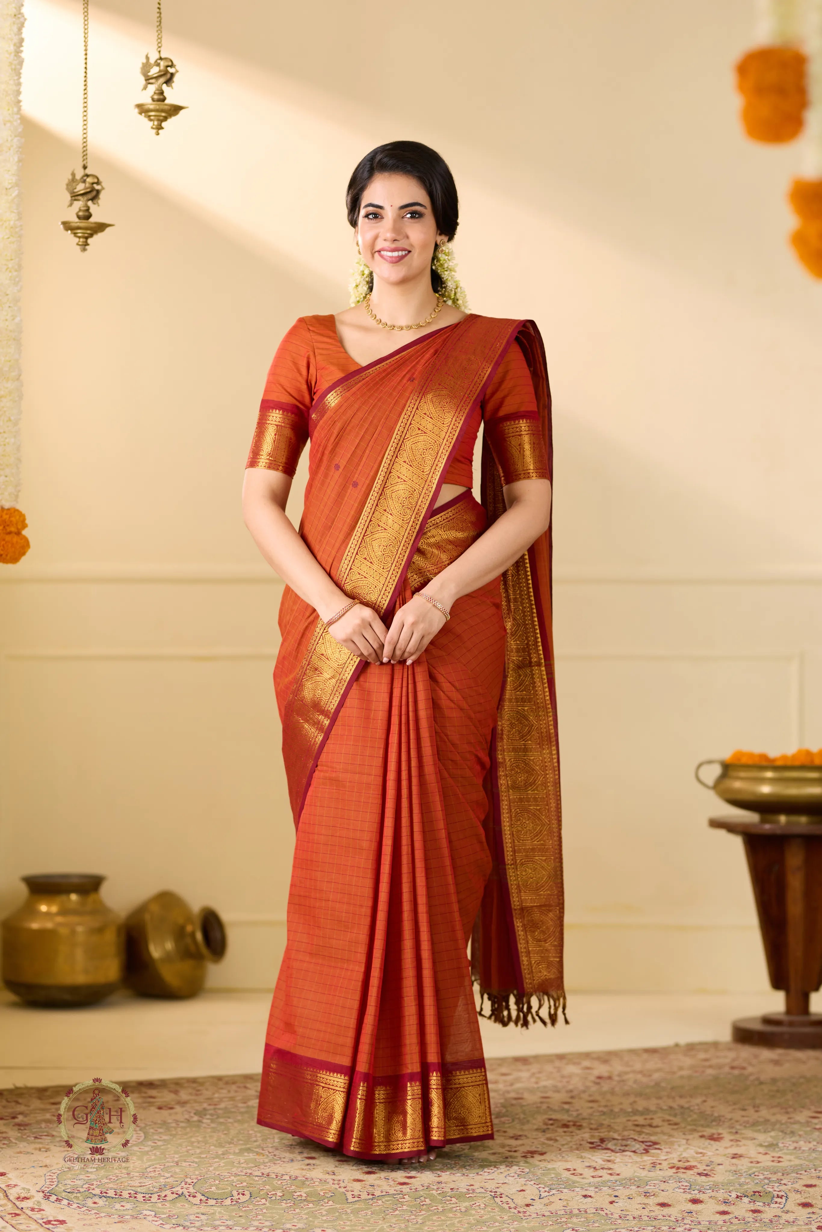 Rust Orange with Jari border Festive Kanchi Cotton