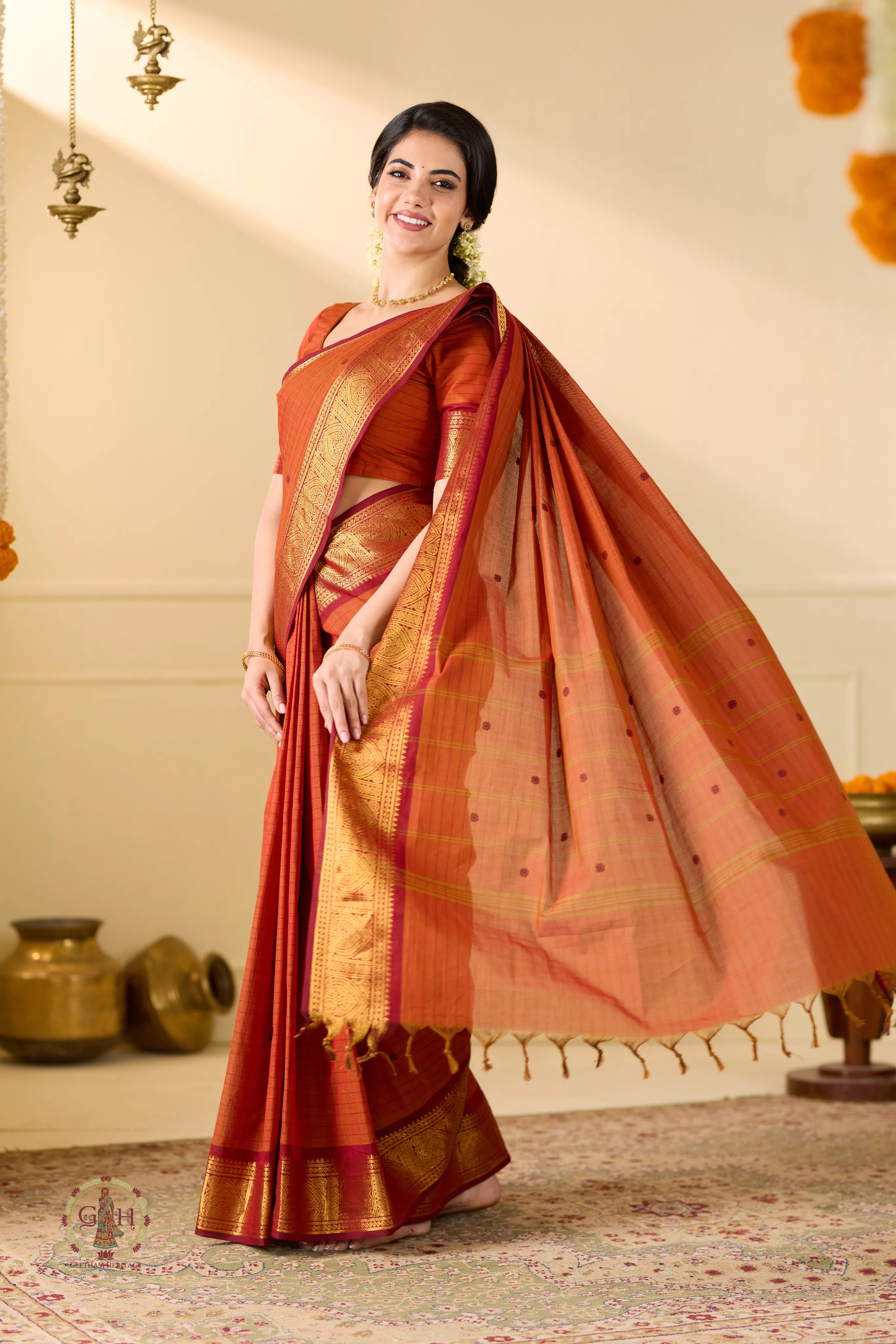 Rust Orange with Jari border Festive Kanchi Cotton
