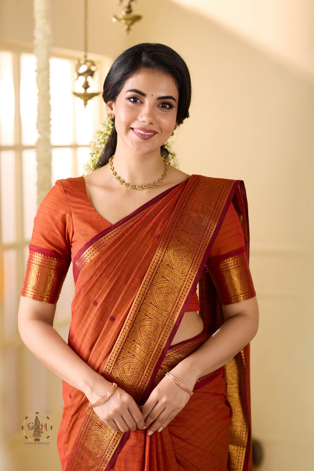 Rust Orange with Jari border Festive Kanchi Cotton