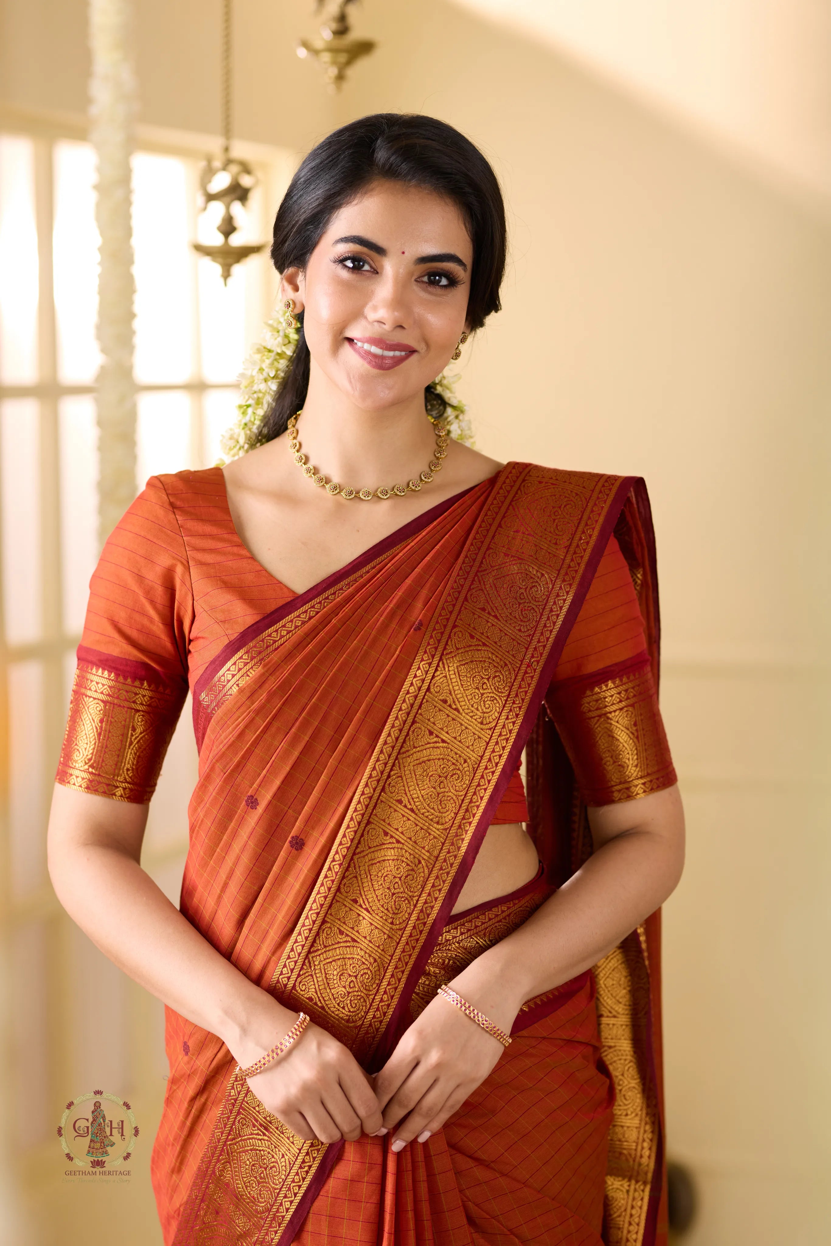 Rust Orange with Jari border Festive Kanchi Cotton