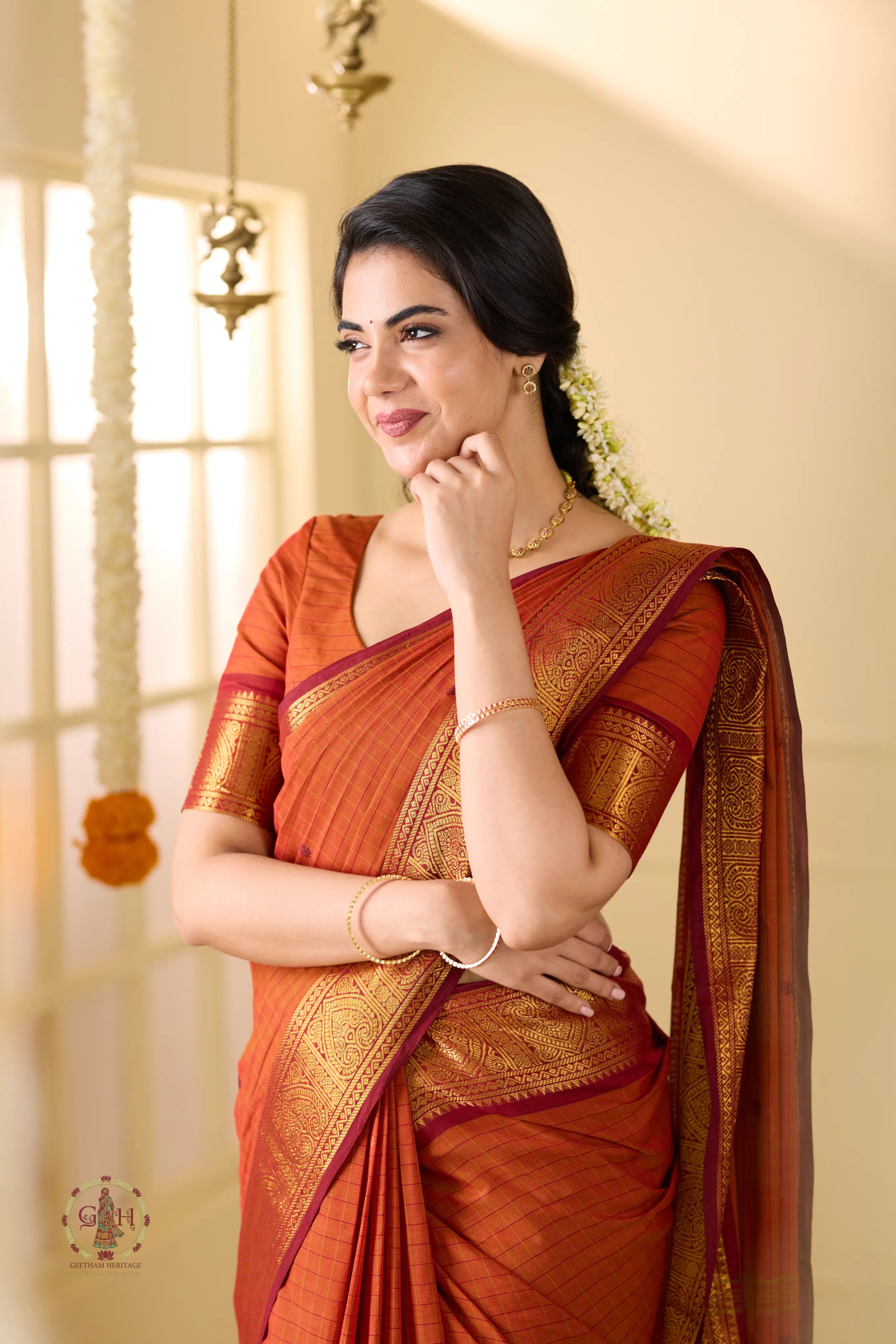 Rust Orange with Jari border Festive Kanchi Cotton