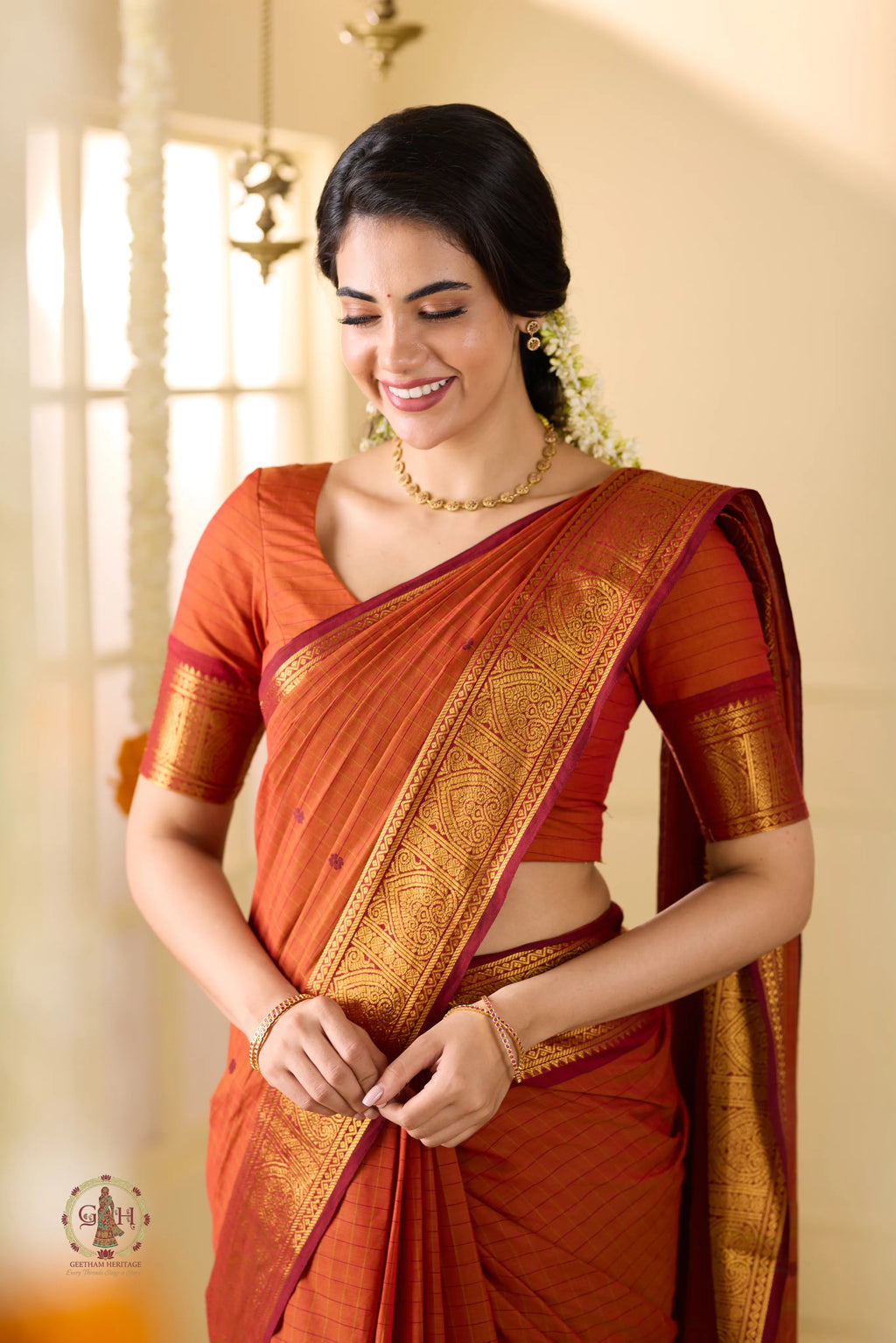 Rust Orange with Jari border Festive Kanchi Cotton