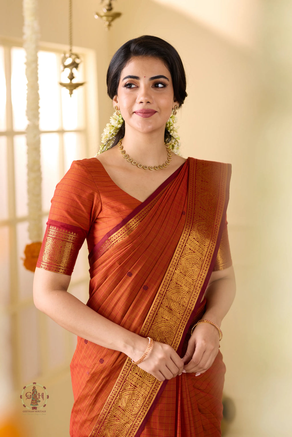 Rust Orange with Jari border Festive Kanchi Cotton
