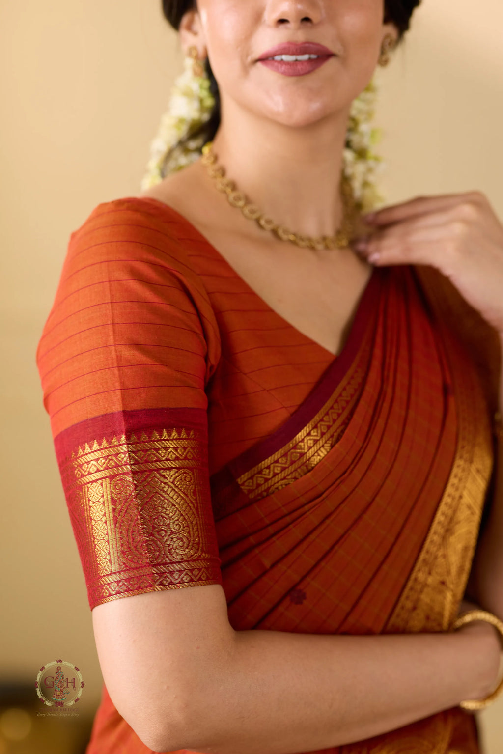 Rust Orange with Jari border Festive Kanchi Cotton