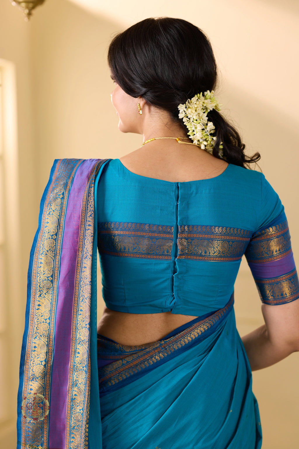 Teal Heritage Checks with Thread Border Kanchi Cotton
