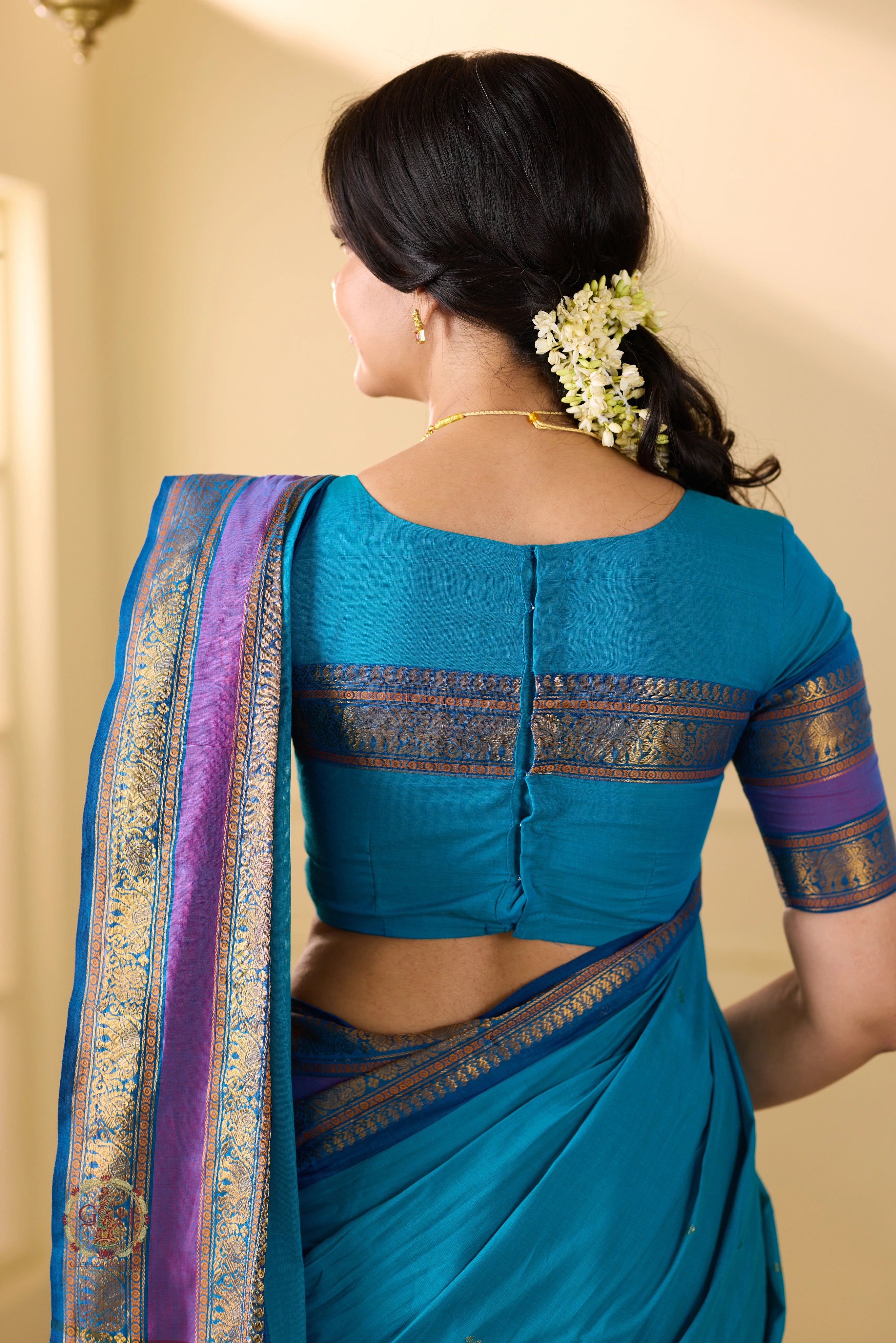 Teal Heritage Checks with Thread Border Kanchi Cotton