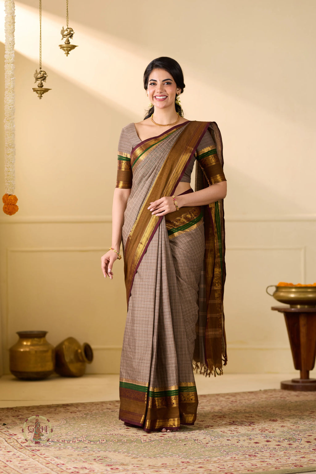 Taube Brown Checked Kanchi Cotton