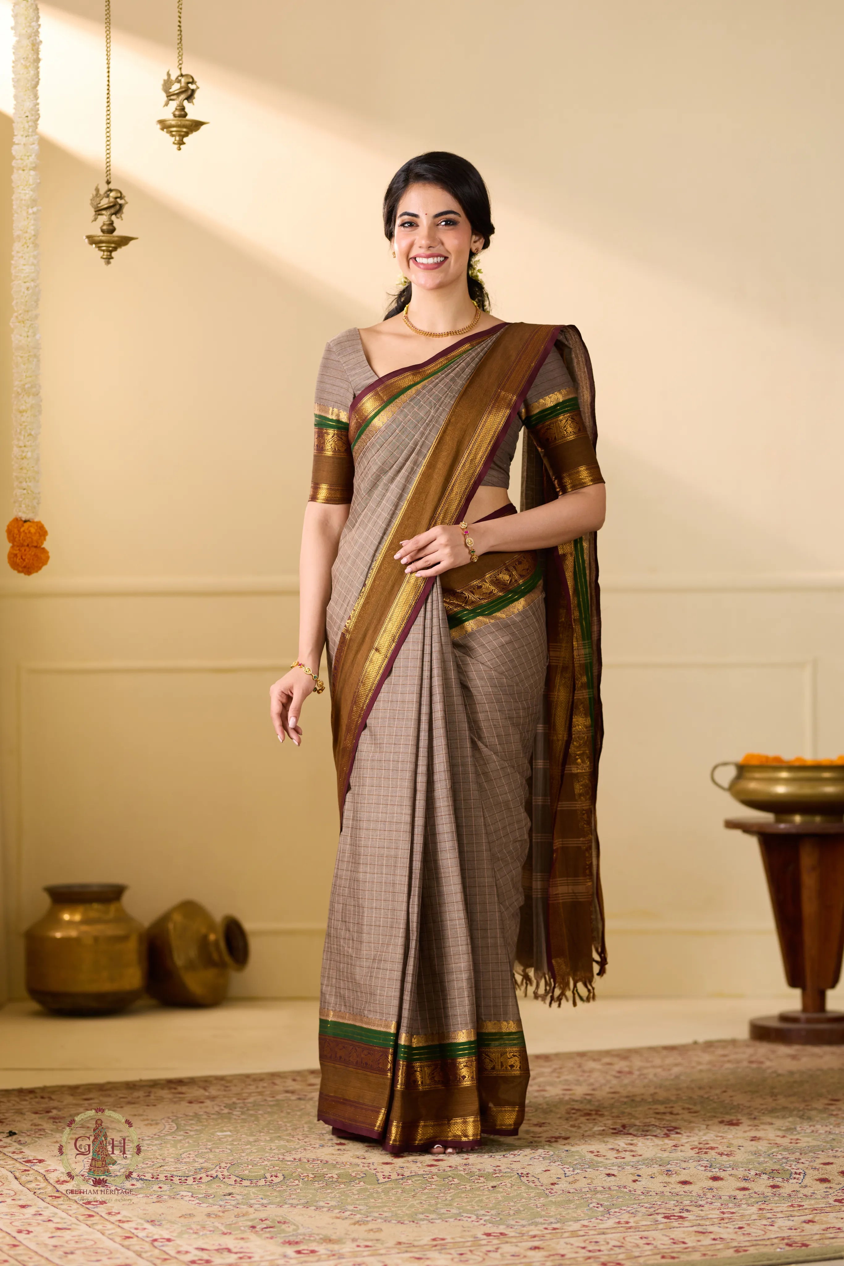 Taube Brown Checked Kanchi Cotton