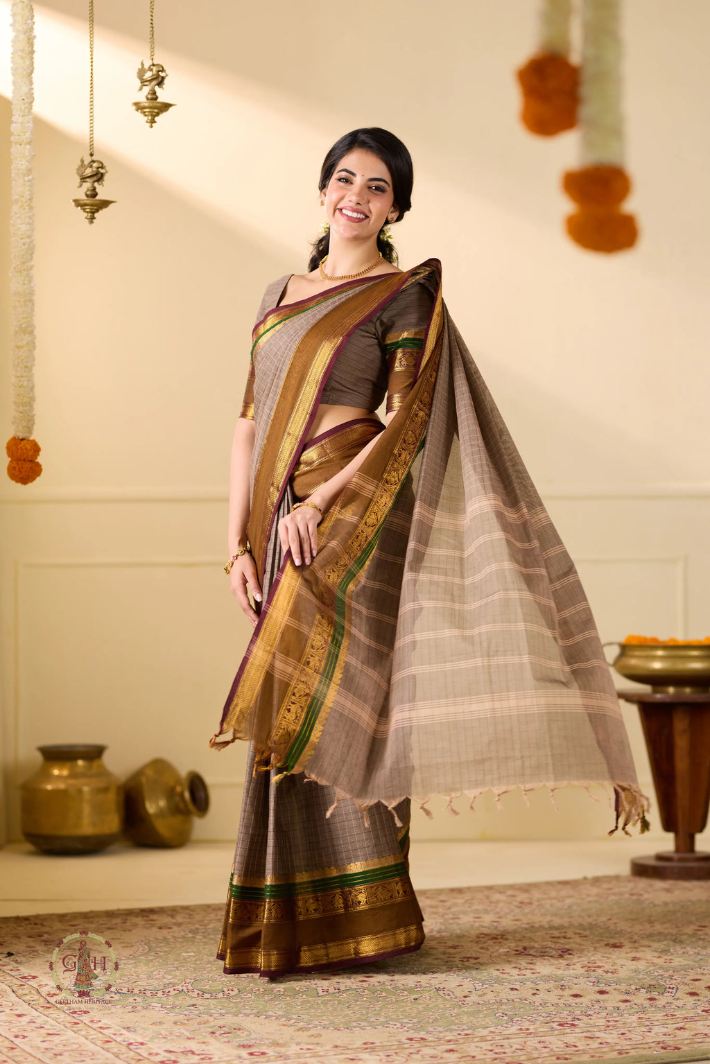 Taube Brown Checked Kanchi Cotton