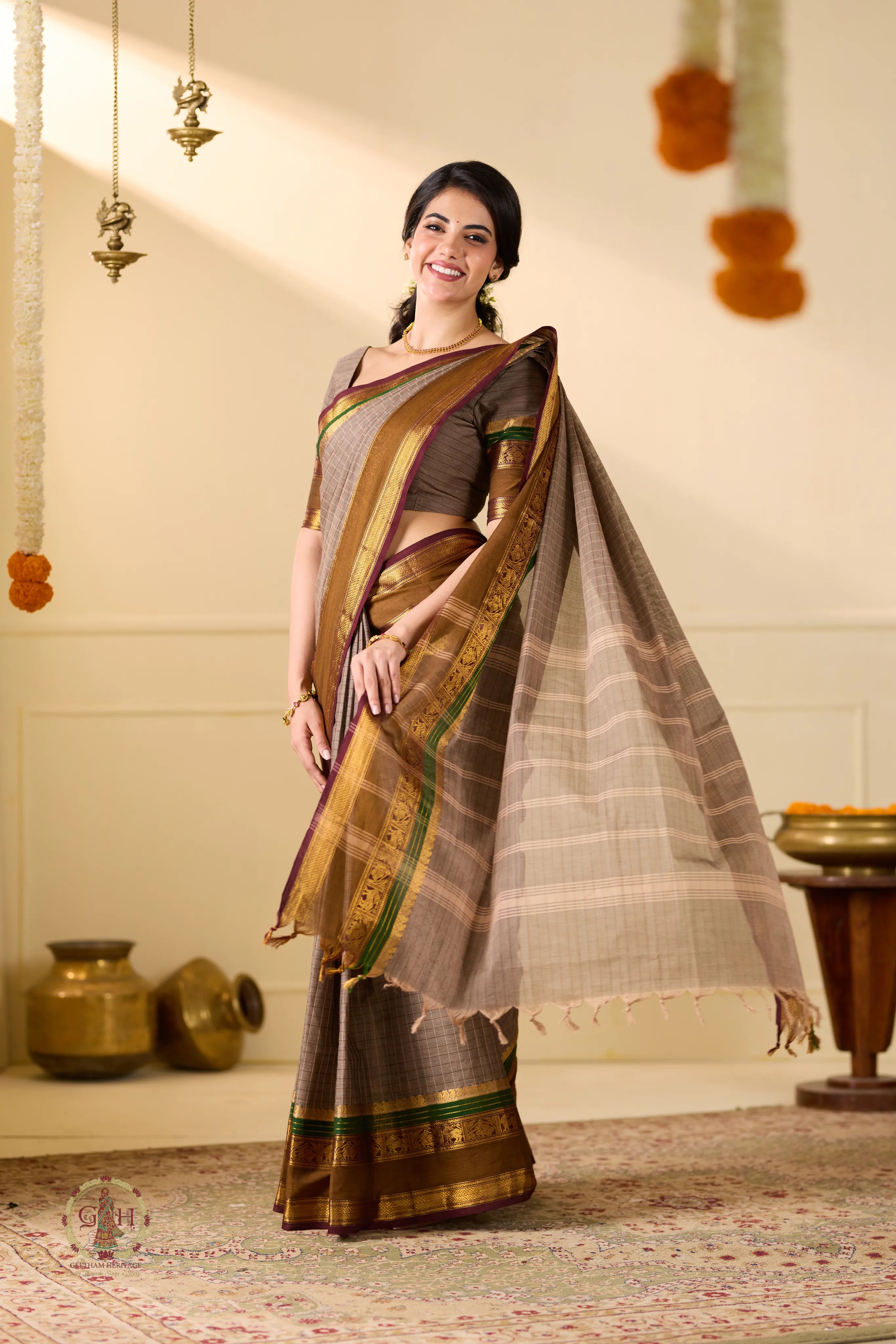 Taube Brown Checked Kanchi Cotton