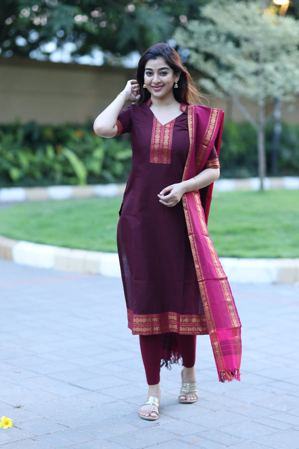 Rich Wine Premium Cotton 2 Piece (Top and Dupatta)