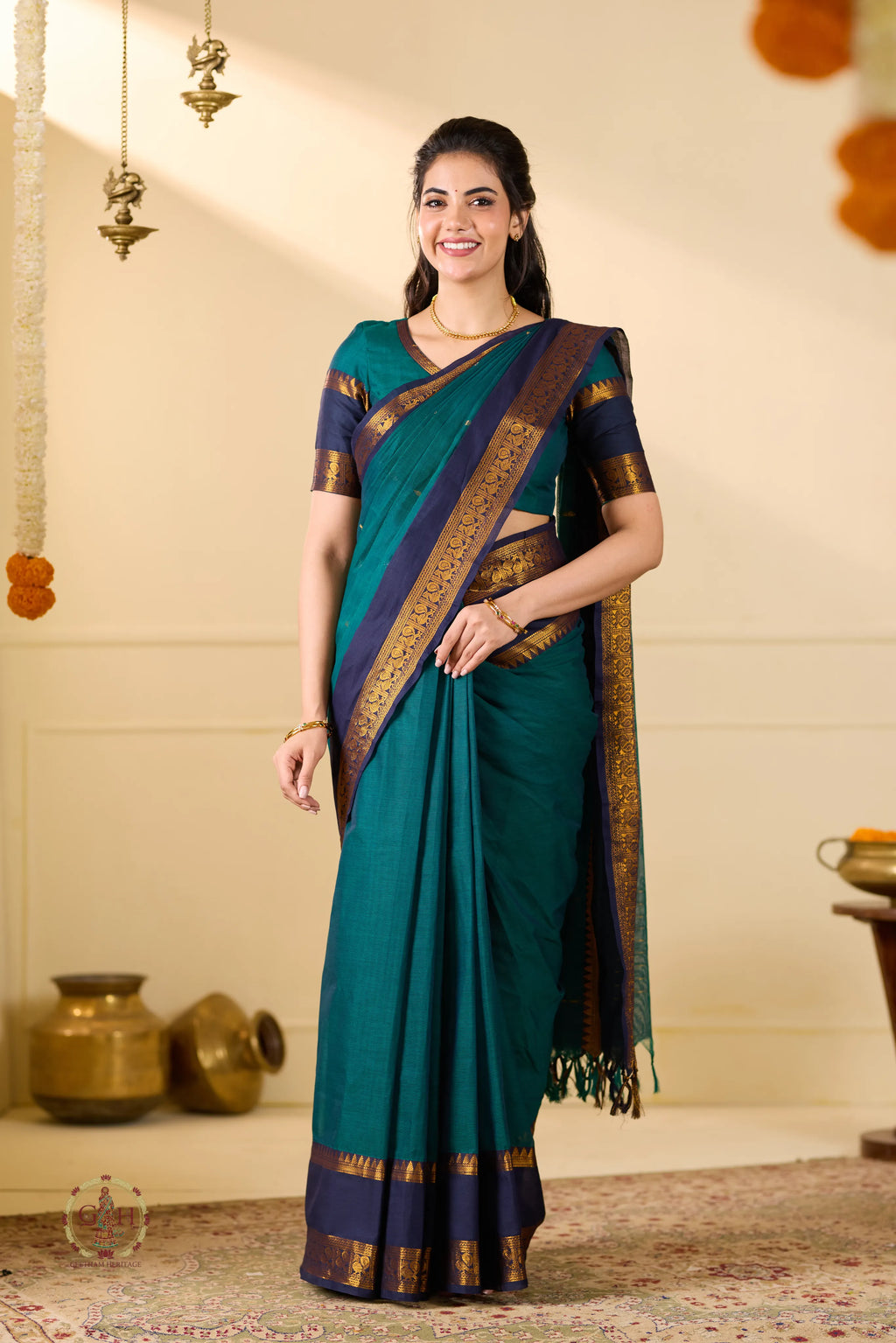 Peacock Green Jari Annam Motif Kanchi Cotton