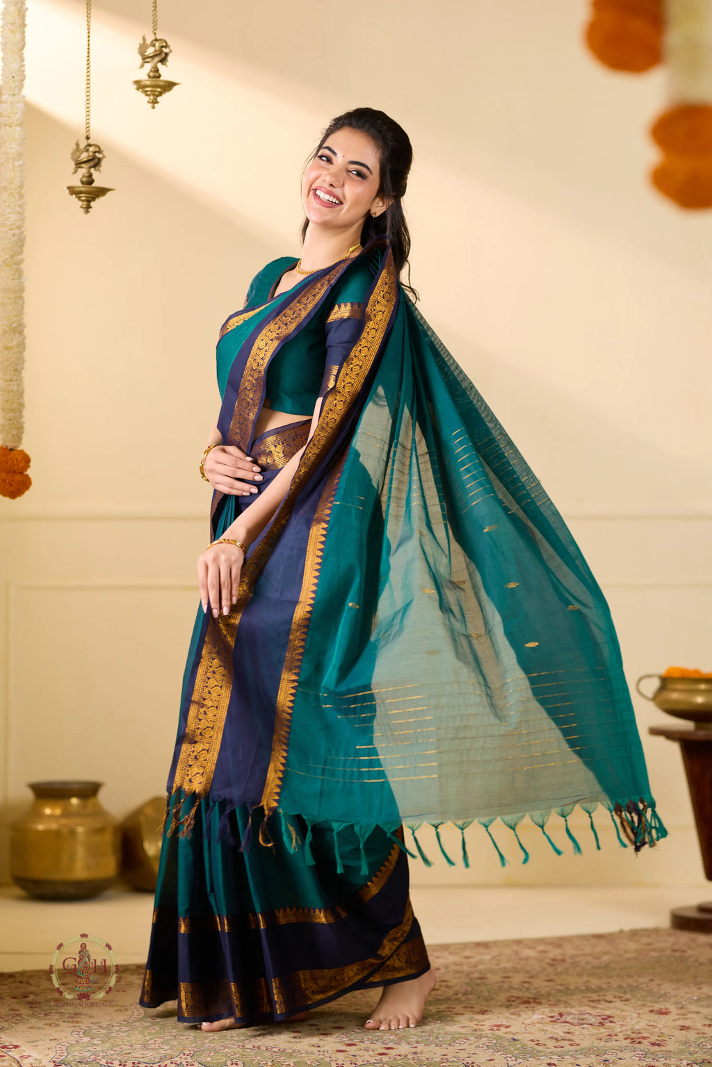 Peacock Green Jari Annam Motif Kanchi Cotton