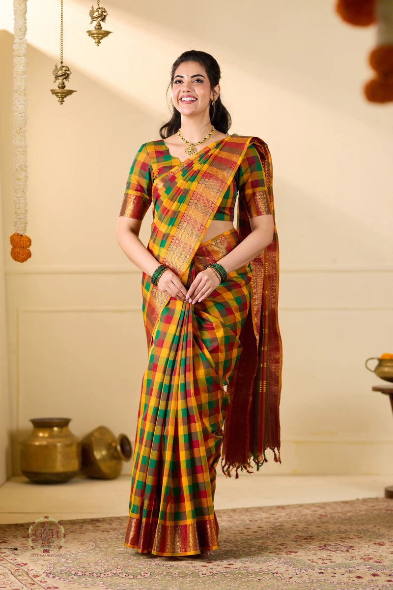 Paalum Pazham Checked Kanchi Cotton