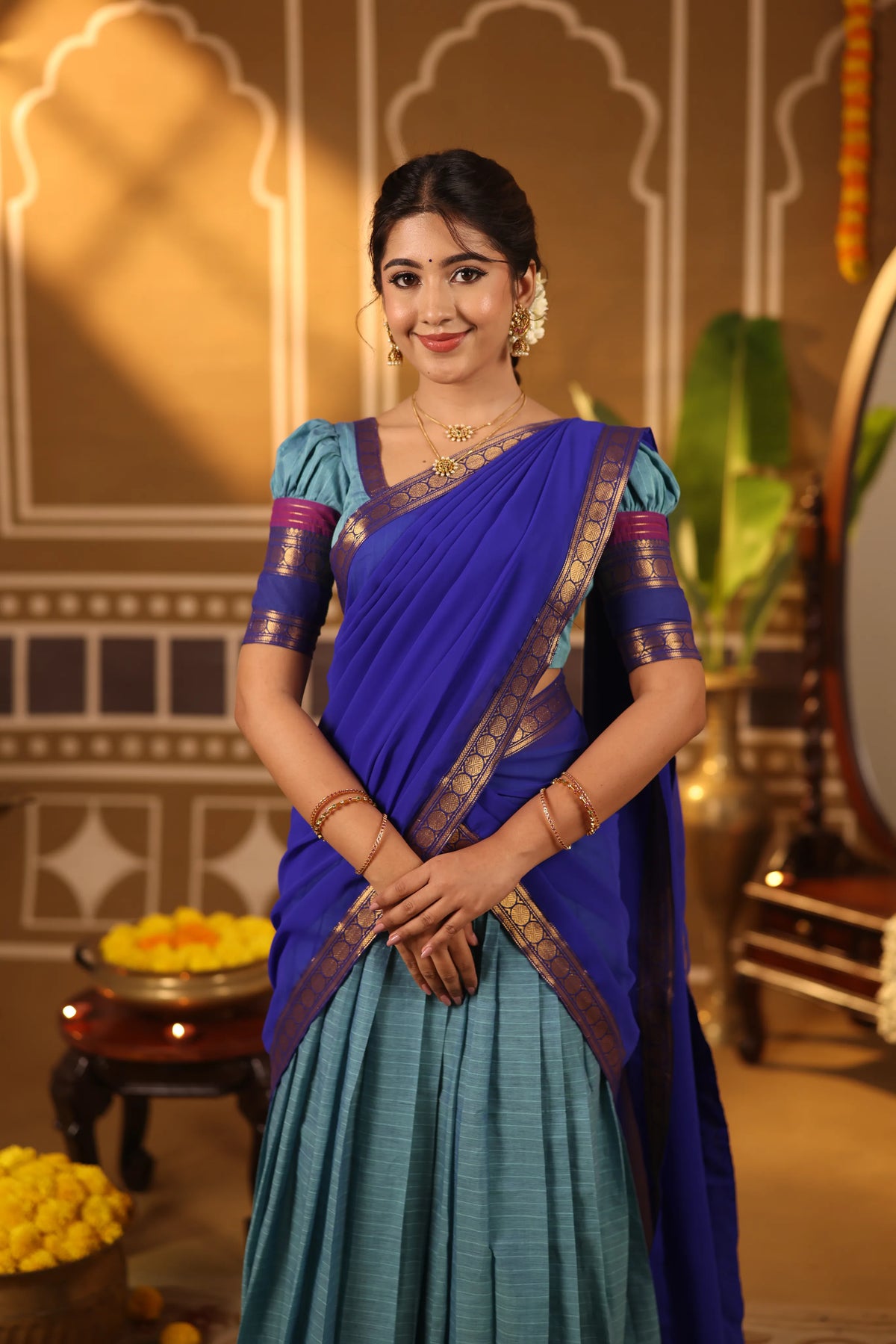 Royal Sapphire Blue Half Saree with Peacock Teal Skirt