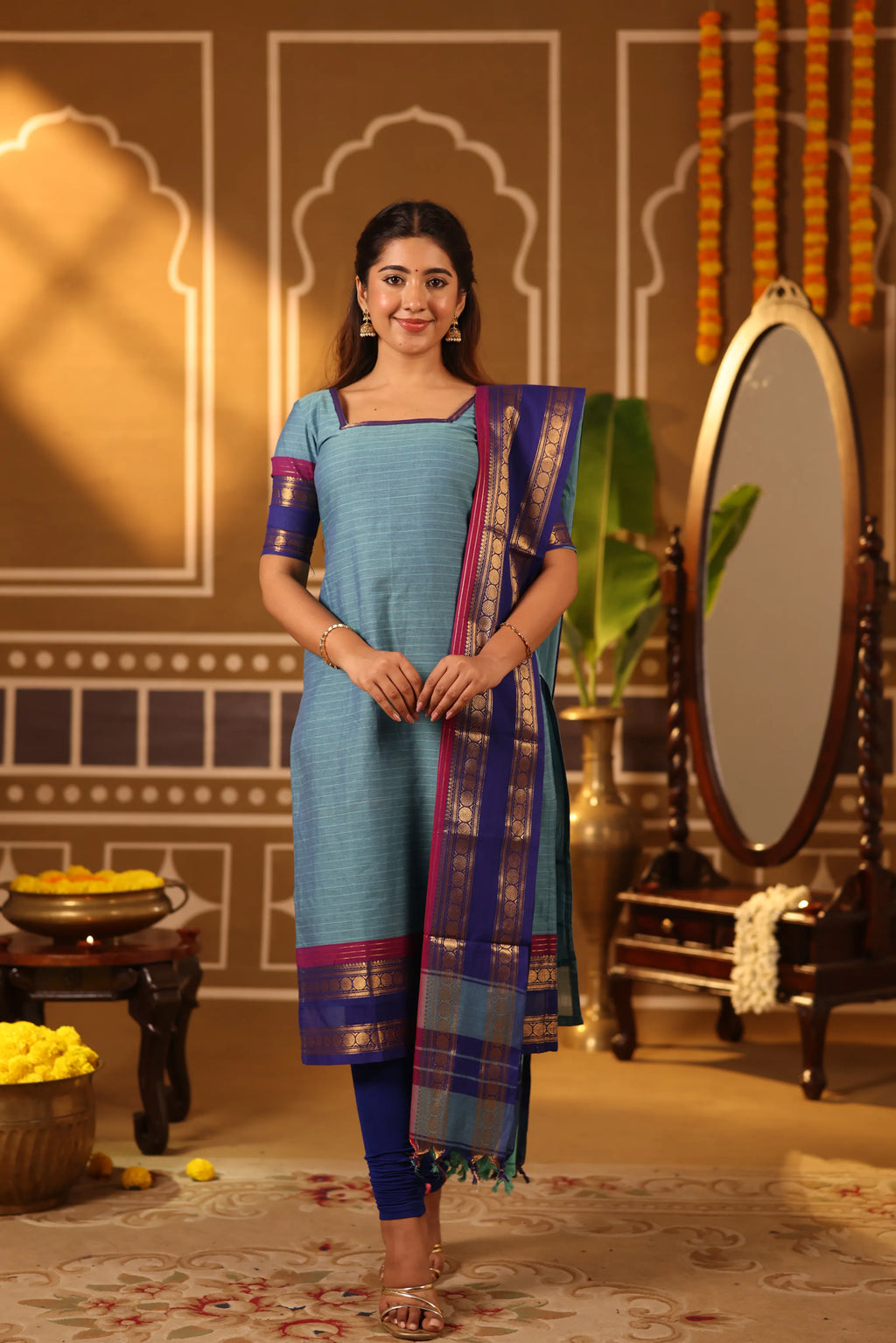 Peacock Teal Premium Cotton 2 Piece (Top and Dupatta)